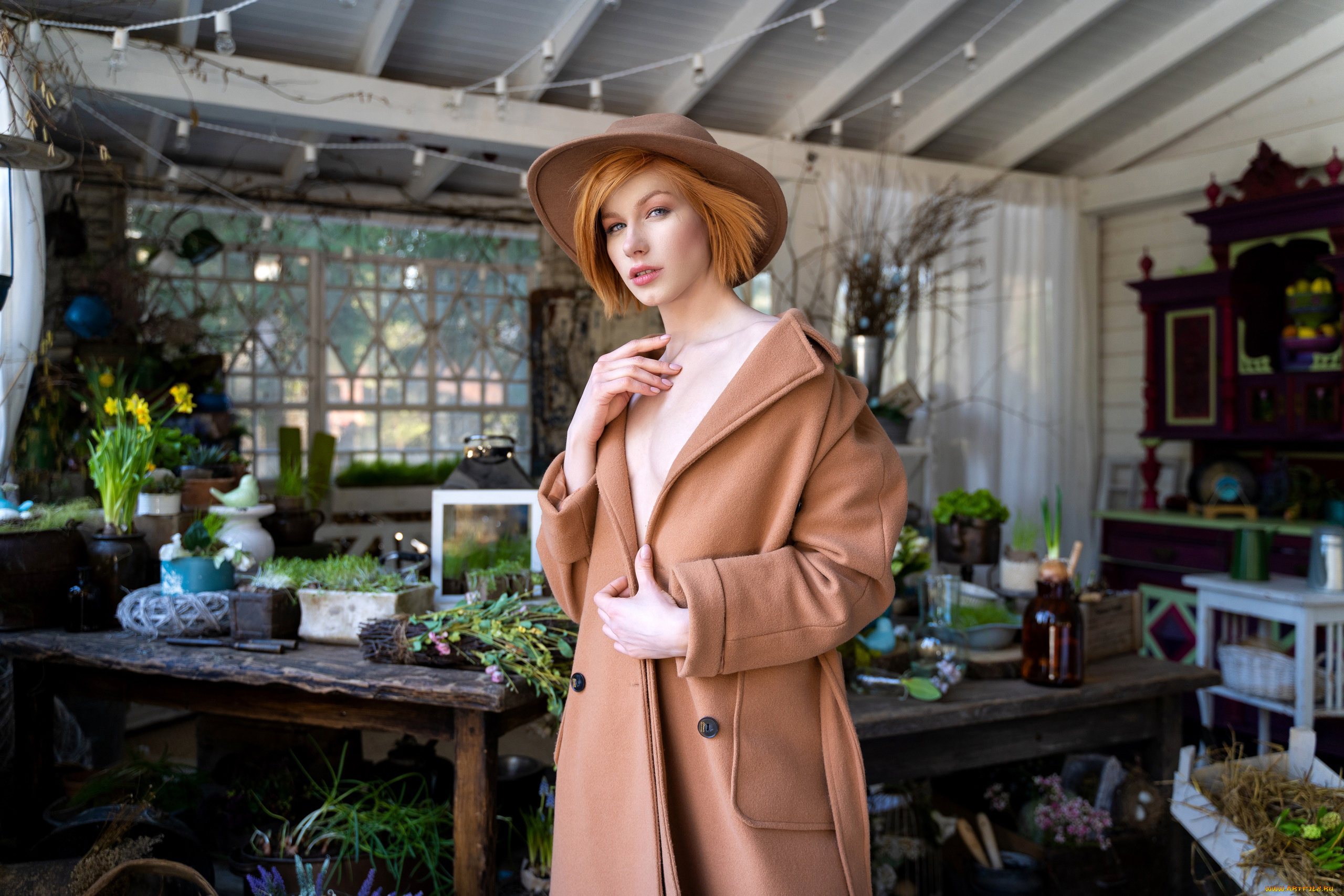anastasia, zhilina, девушки, анастасия, жилина, anastasia, zhilina, пальто, шляпа, цветы, анастасия, жилина, девушка, модель, рыжеволосая, красотка, поза, флирт, стройная, сексуальная, фигура