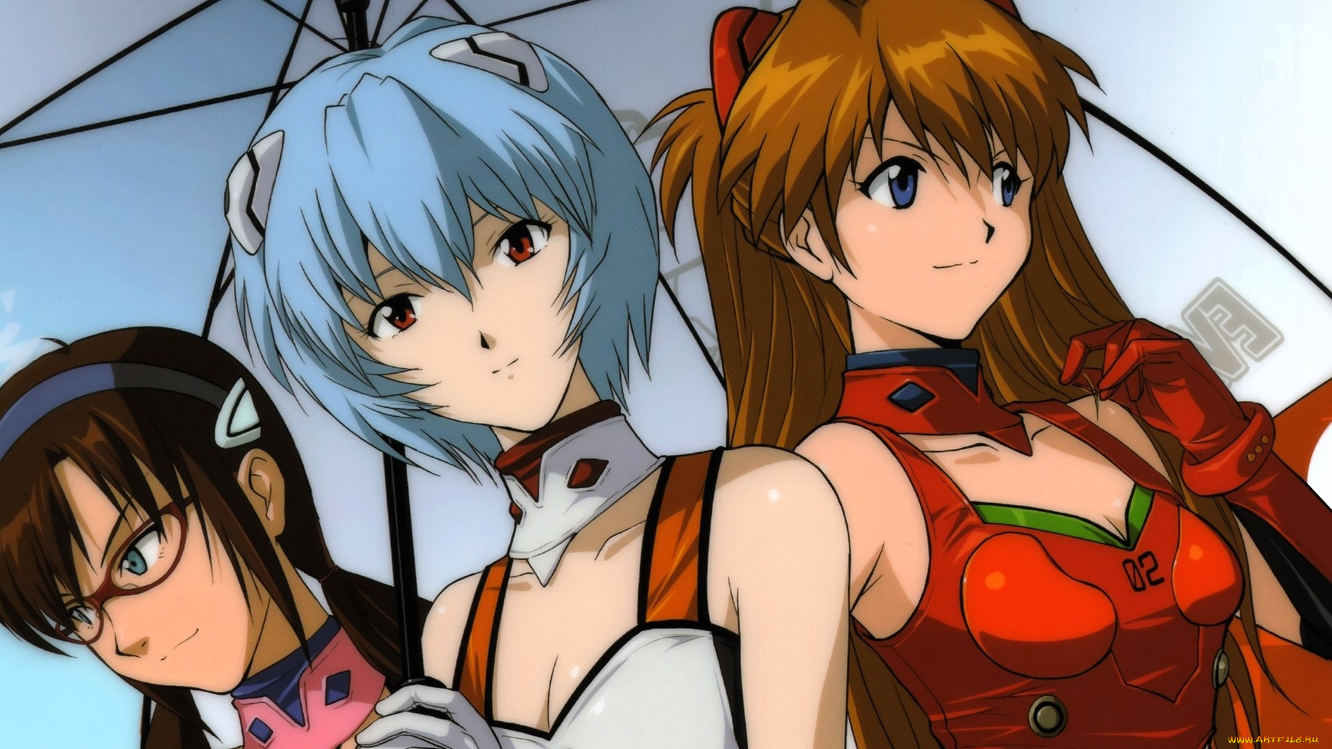 аниме, evangelion, девочки, зонт