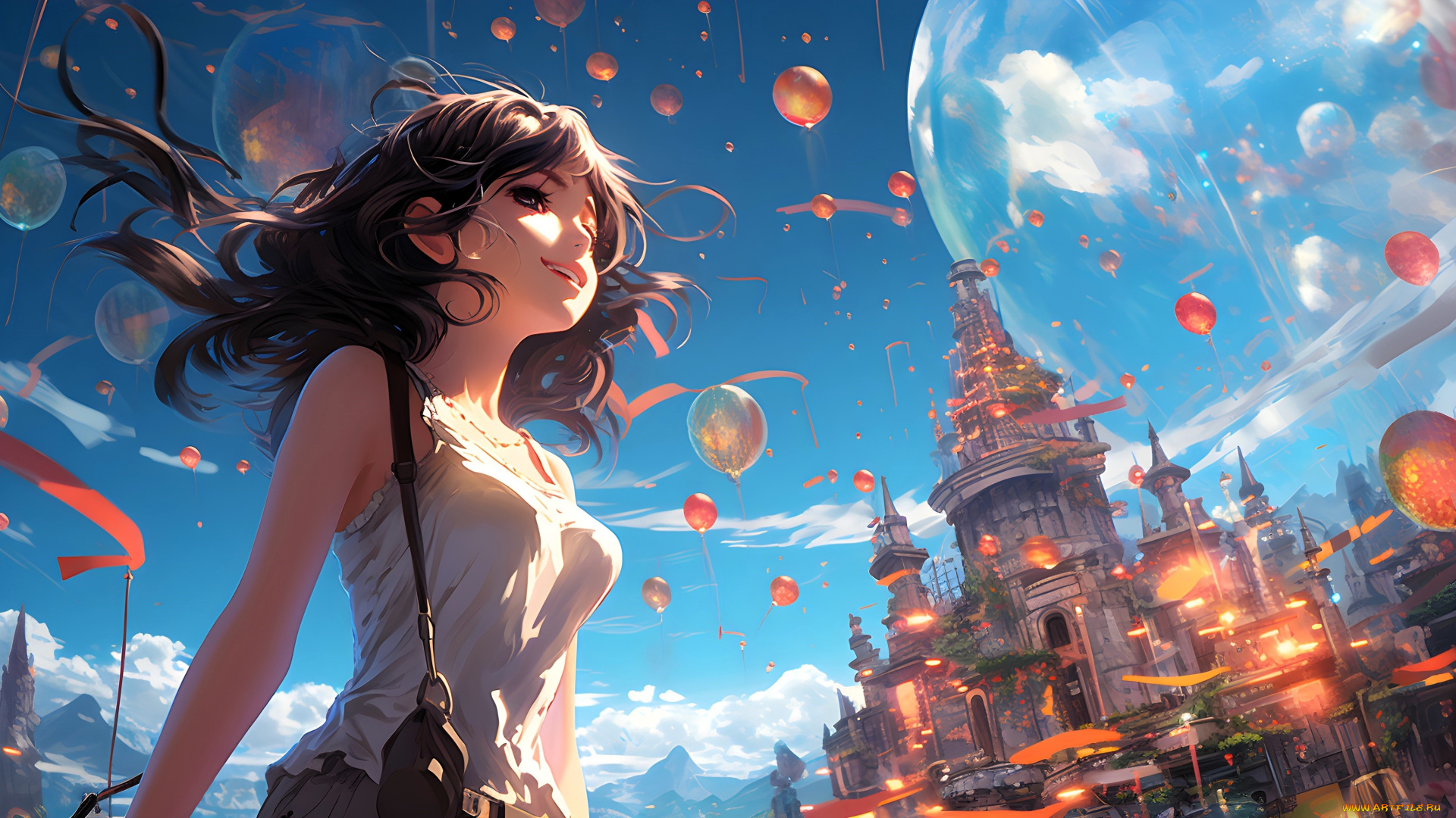 аниме, город, , улицы, , интерьер, , здания, девушка, шары
