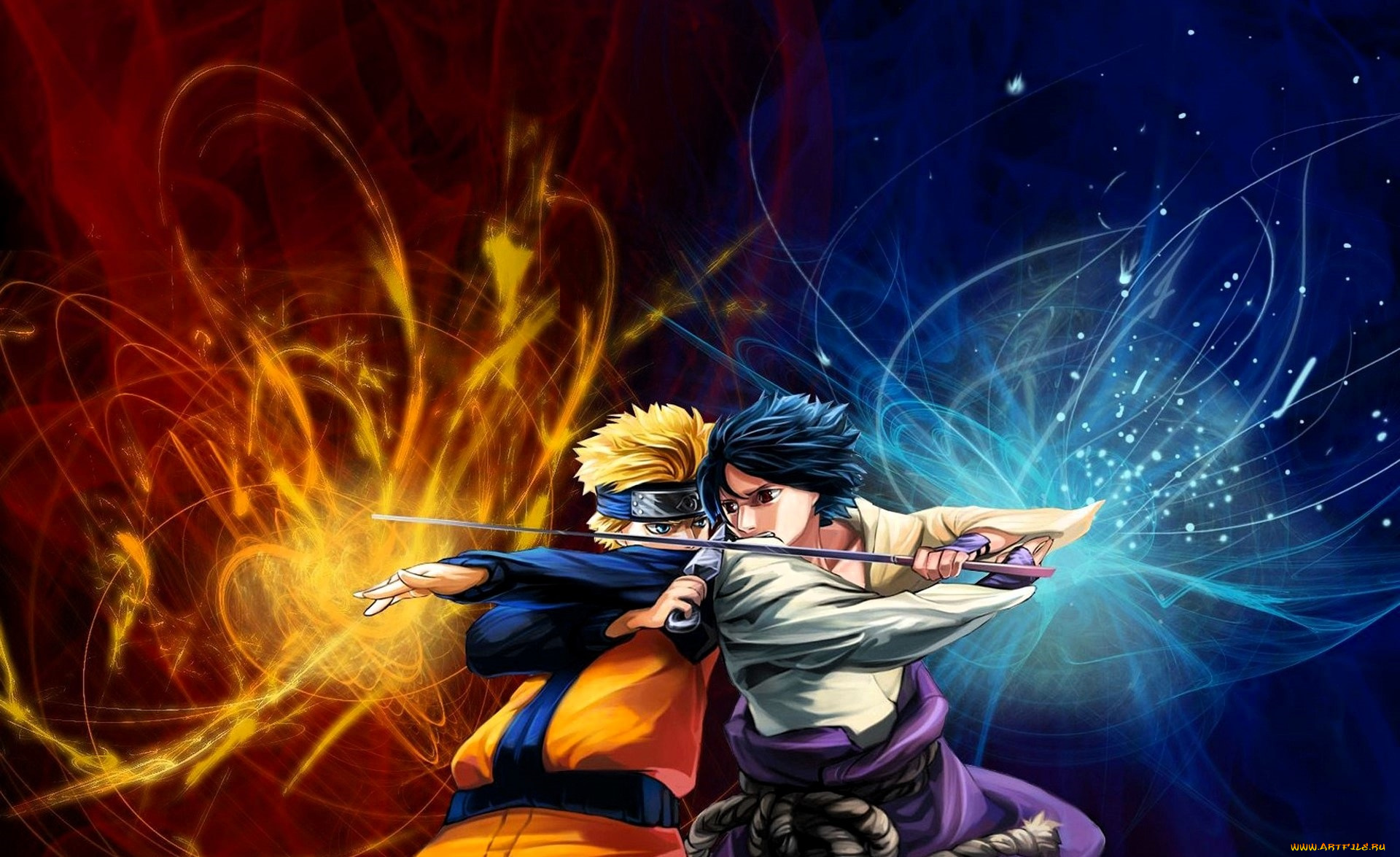 аниме, naruto, узумаки, наруто, учиха, саске, поединок