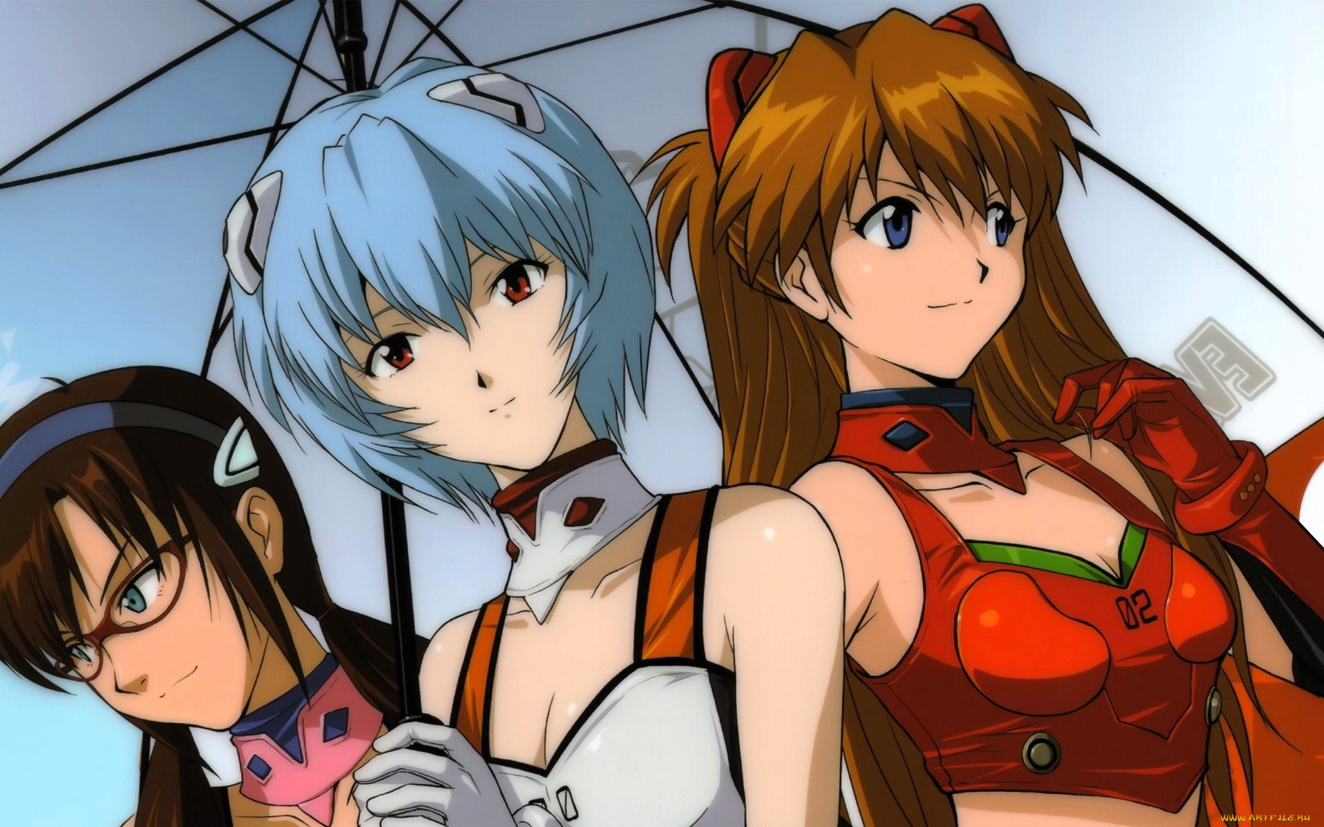 аниме, evangelion, девочки, зонт