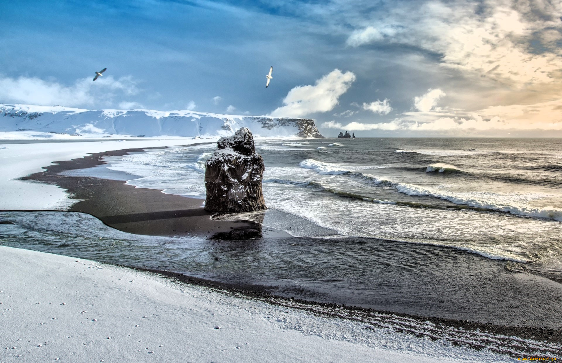 природа, побережье, тучи, берег, море, чайки, камень, обрыв