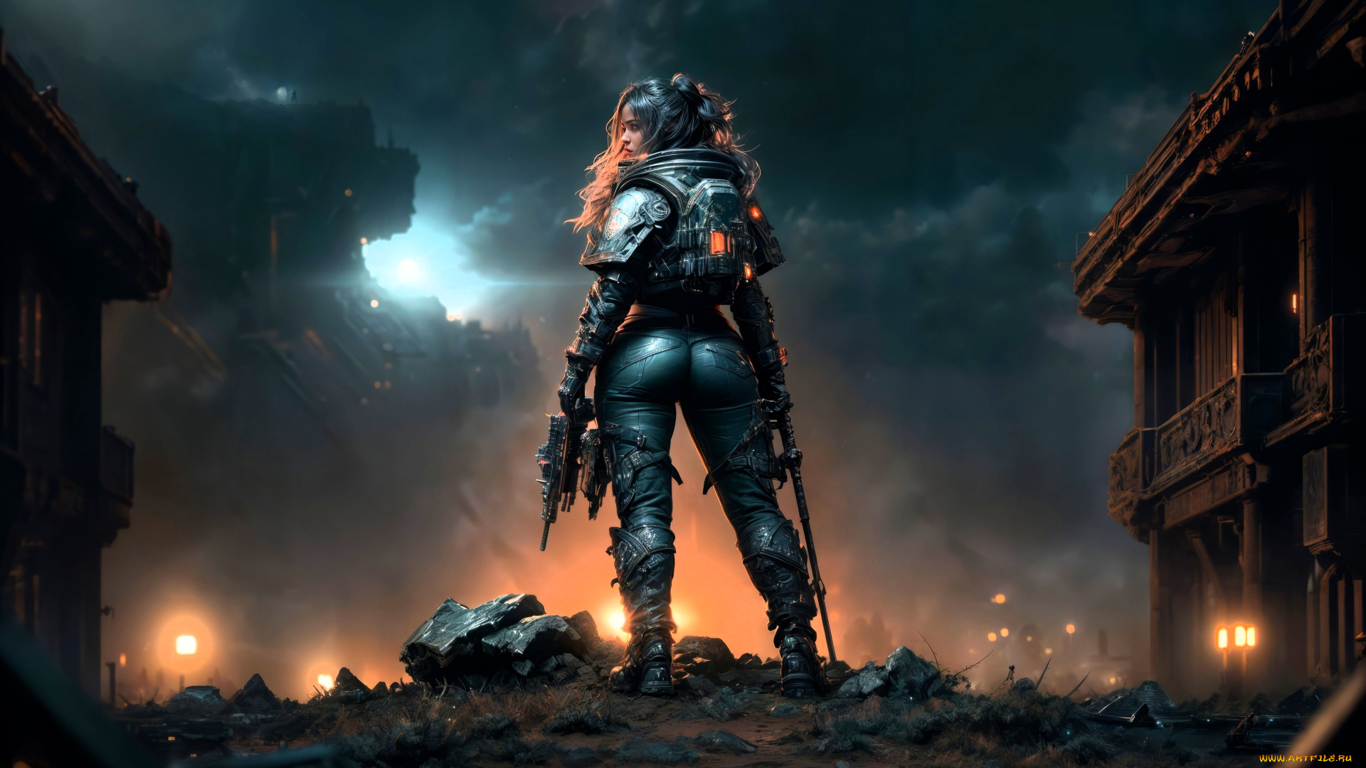 3д, графика, фантазия, , fantasy, девушка, оружие, развалины, тучи