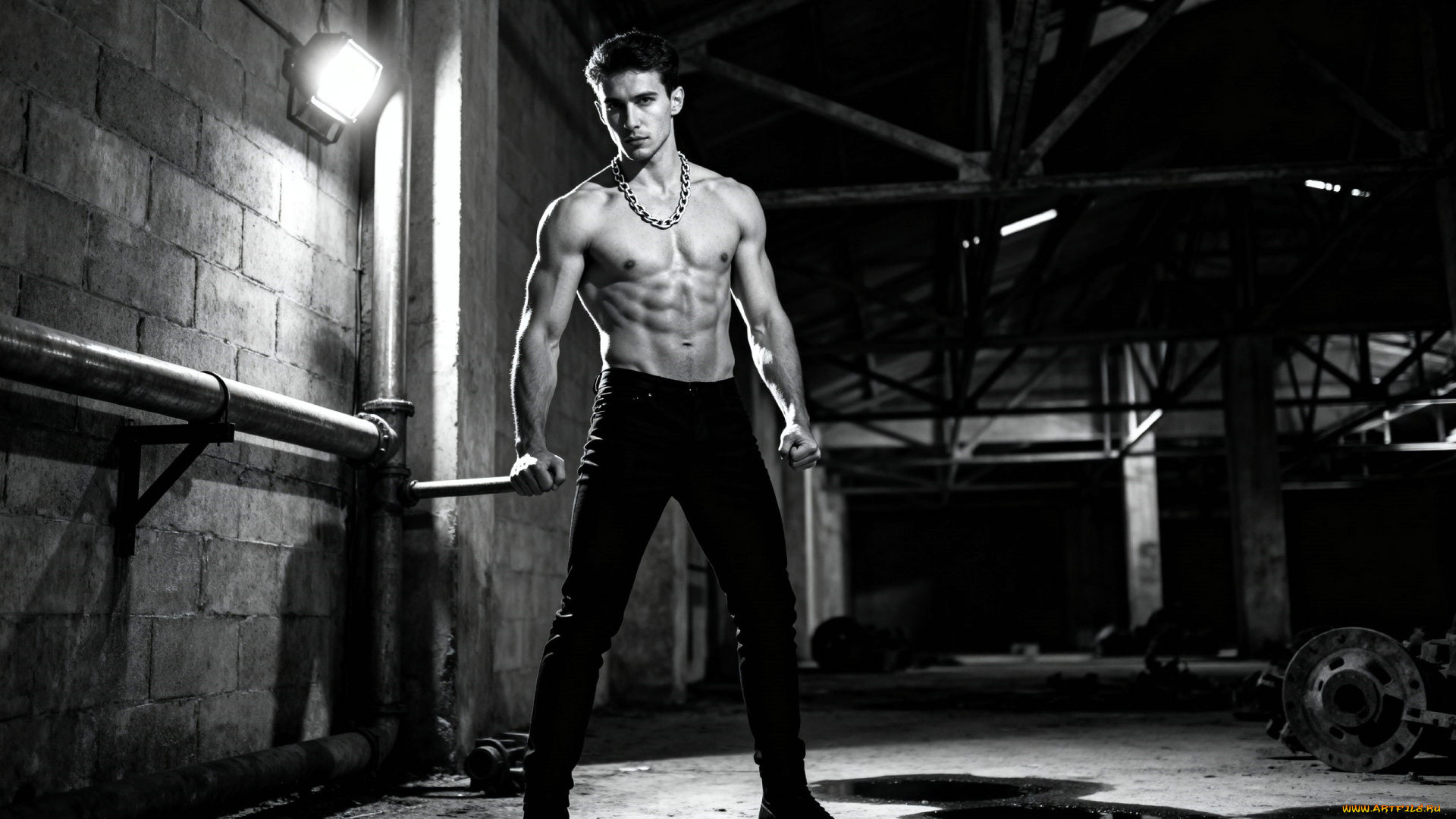 3д, графика, люди, , people, парень, торс, цепь, брюки, ботинки, помещение