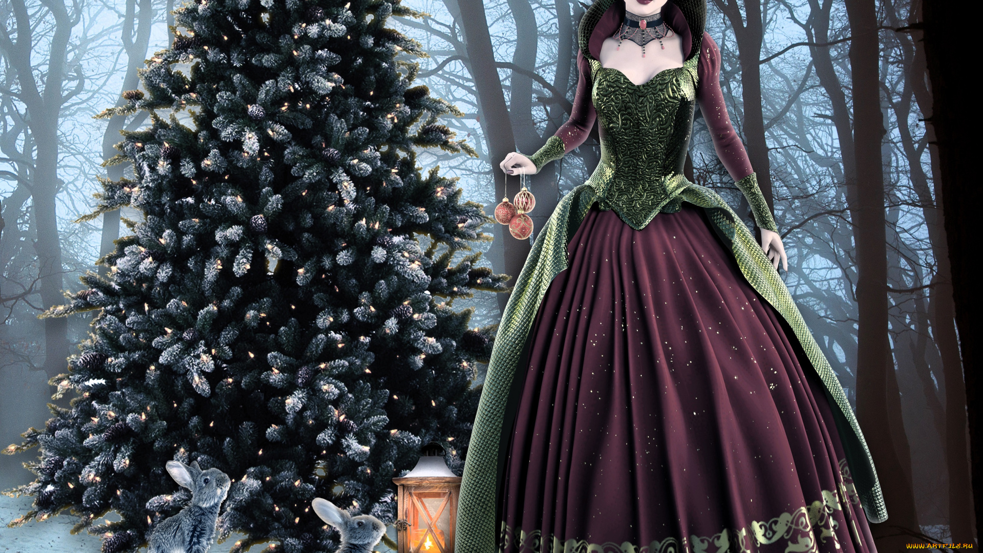 3д, графика, люди, , people, ёлка, лес, зайцы, фонарь, принцесса