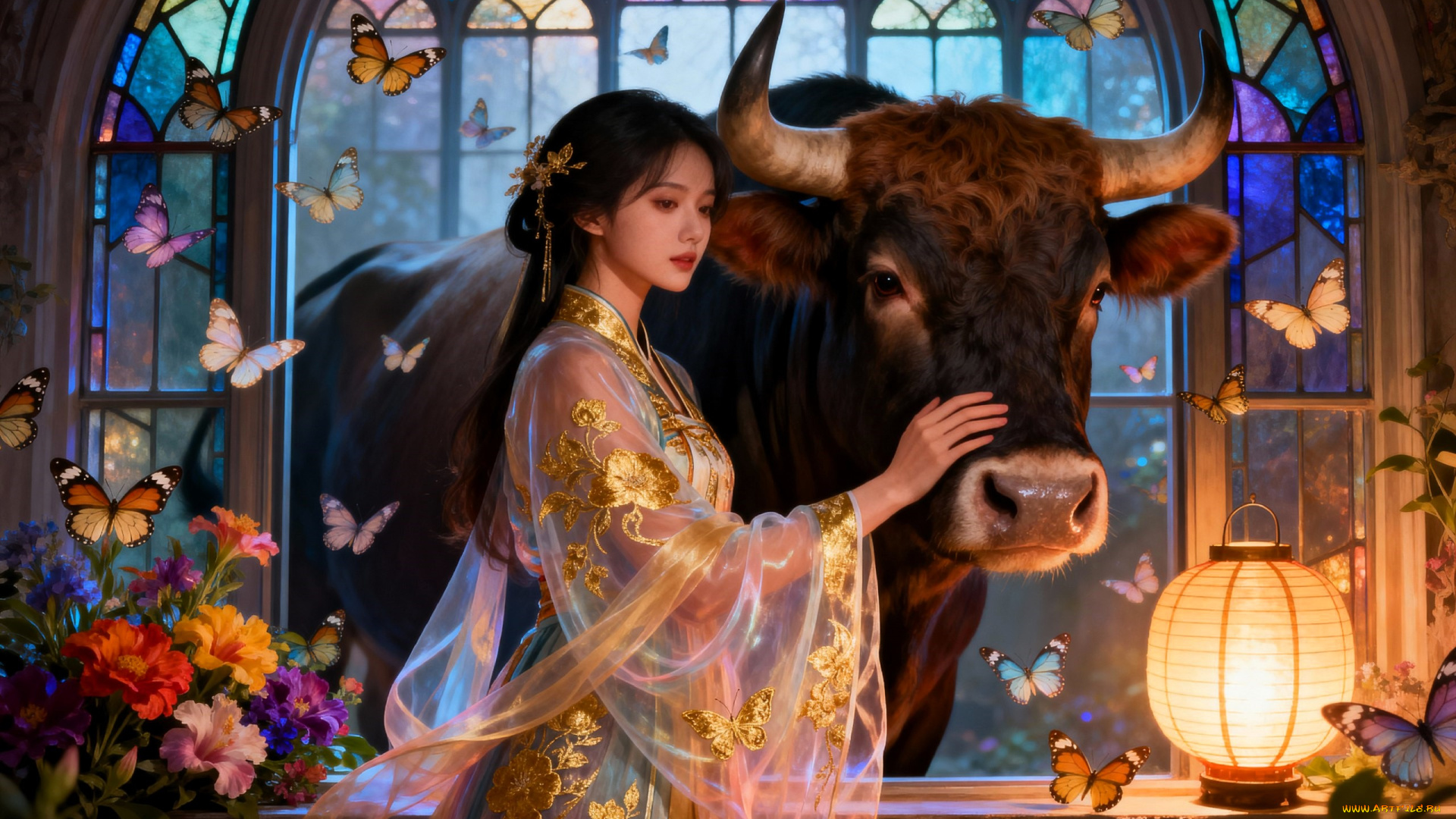 3д, графика, люди, и, животные, , people, and, animals, девушка, наряд, бык, окно, витражи, бабочки, цветы