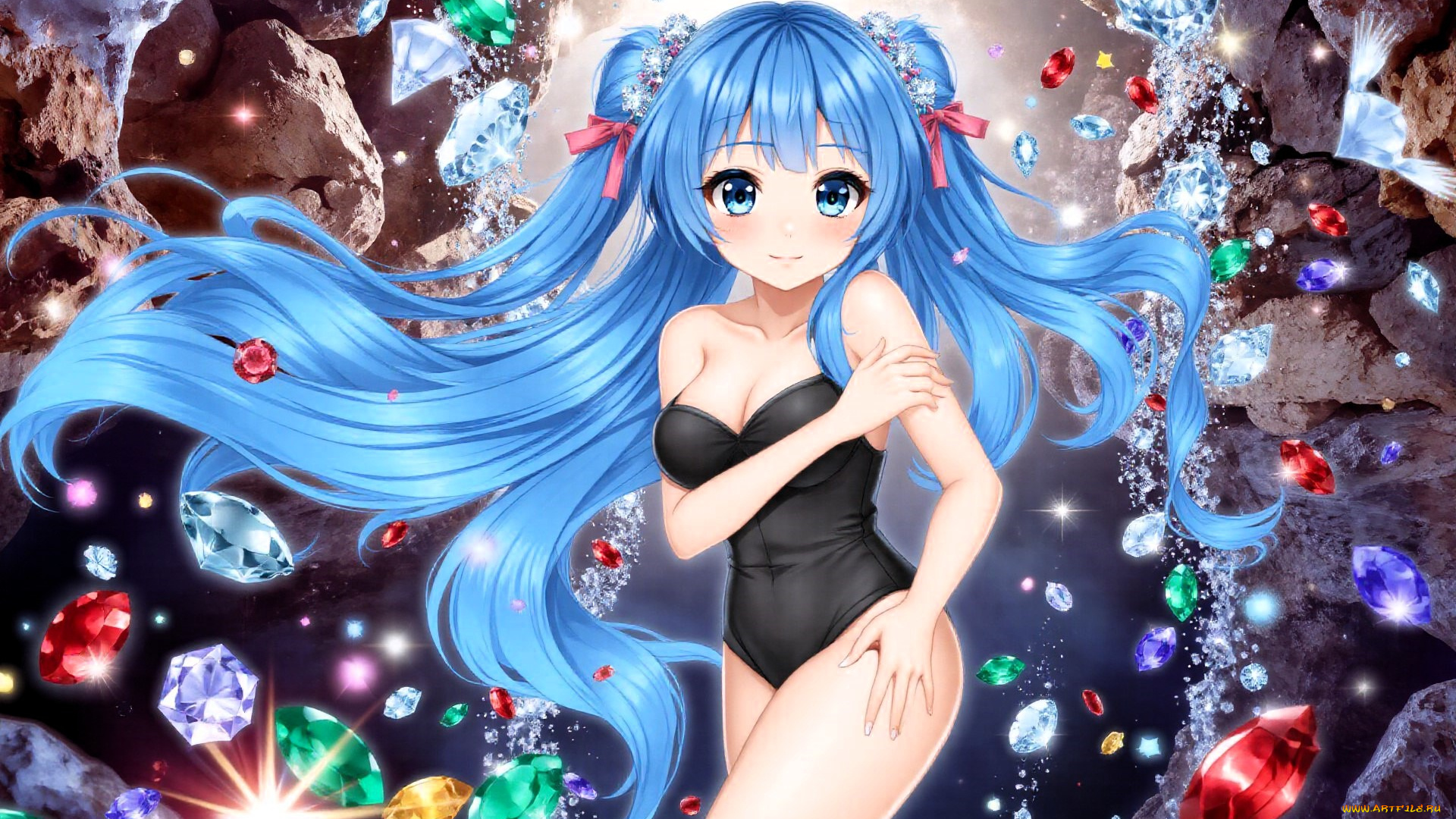 аниме, unknown, , другое, , девушка, голубые, волосы, купальник, драгоценности