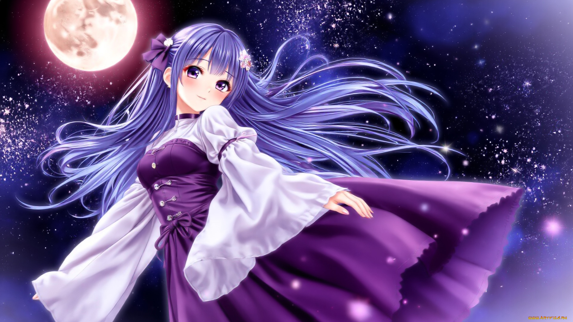 аниме, unknown, , другое, , девушка, платье, звезды, луна