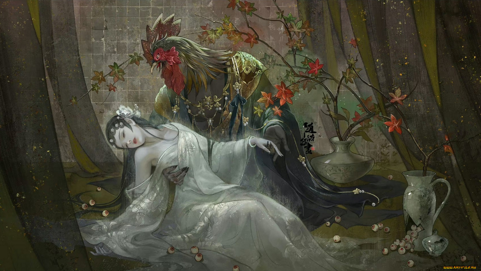 фэнтези, красавицы, и, чудовища, азия, китай, девушка, петух, смерть