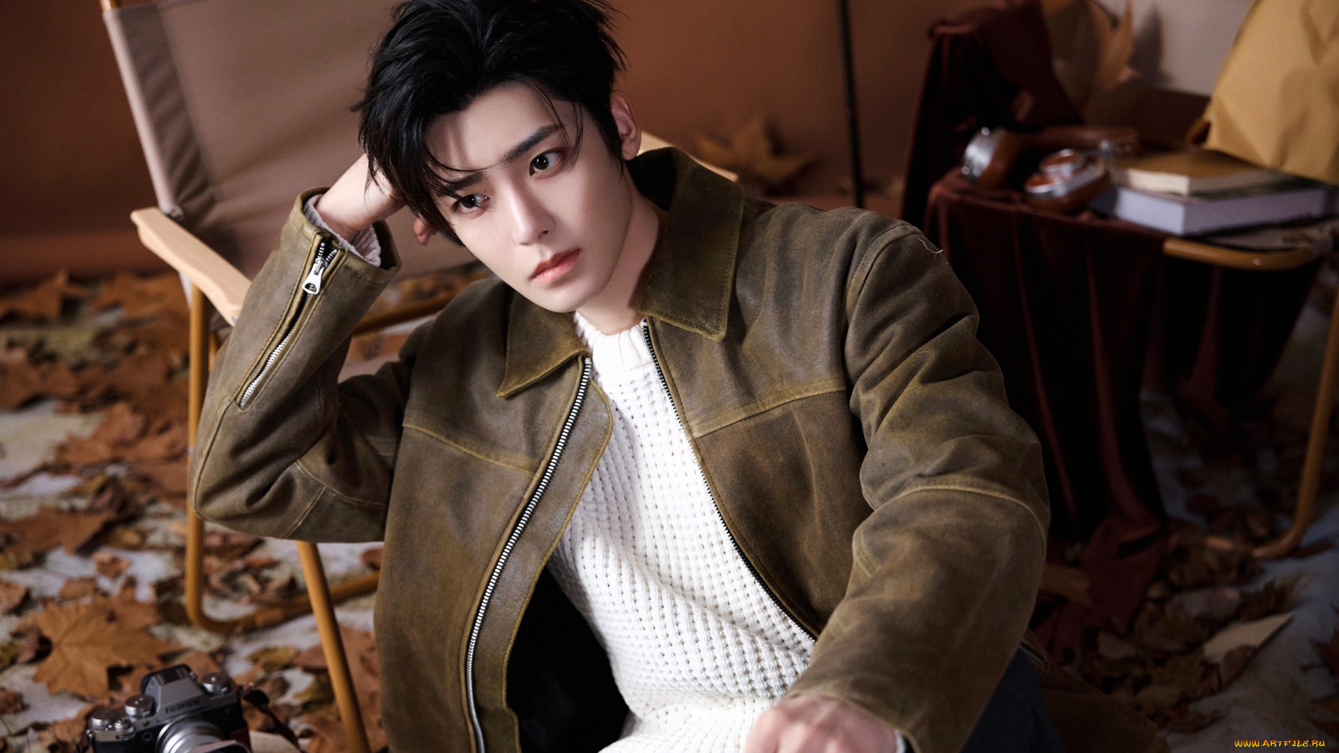 мужчины, hou, ming, hao, актер, свитер, куртка, стул, листья, фотоаппарат, книги