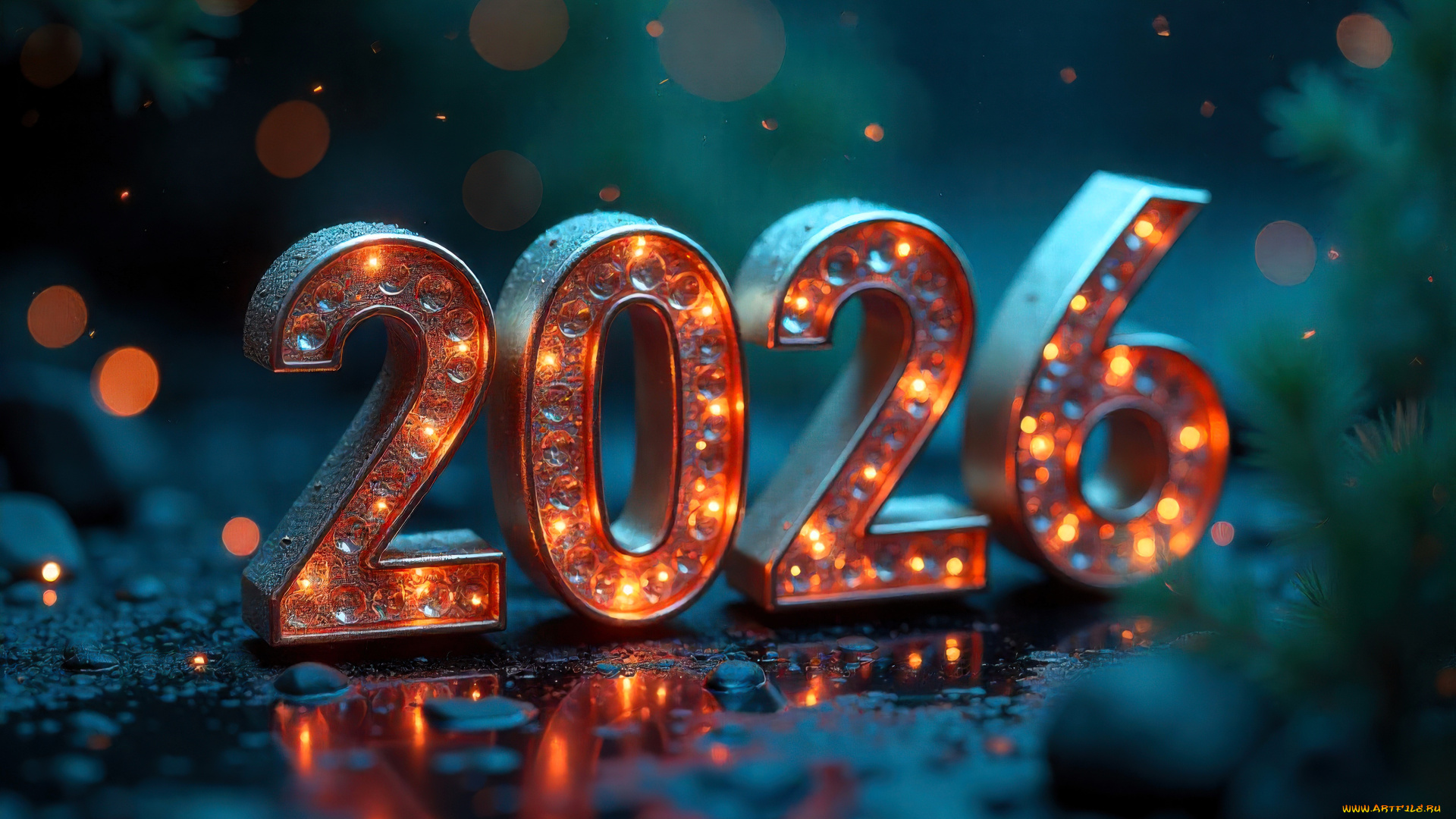 праздничные, 3д, графика, , новый, год, цифры, год, лужи
