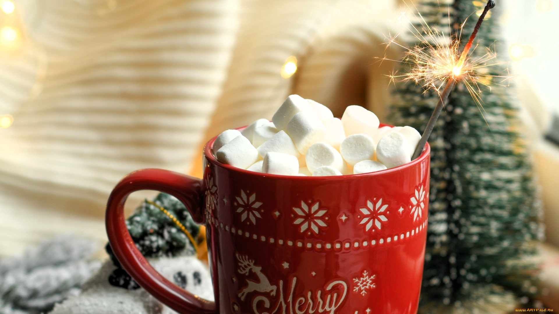 праздничные, угощения, чашка, бенгальский, огонь, зефир, ёлочка, новый, год