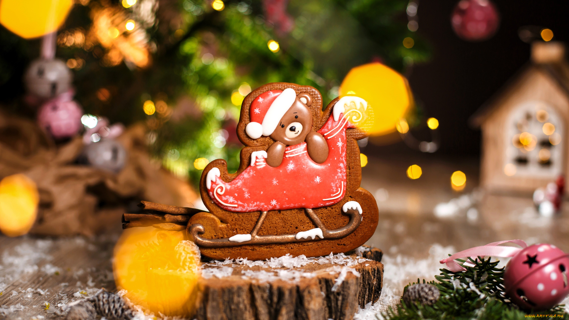 праздничные, угощения, ёлка, блики, печенье, пень