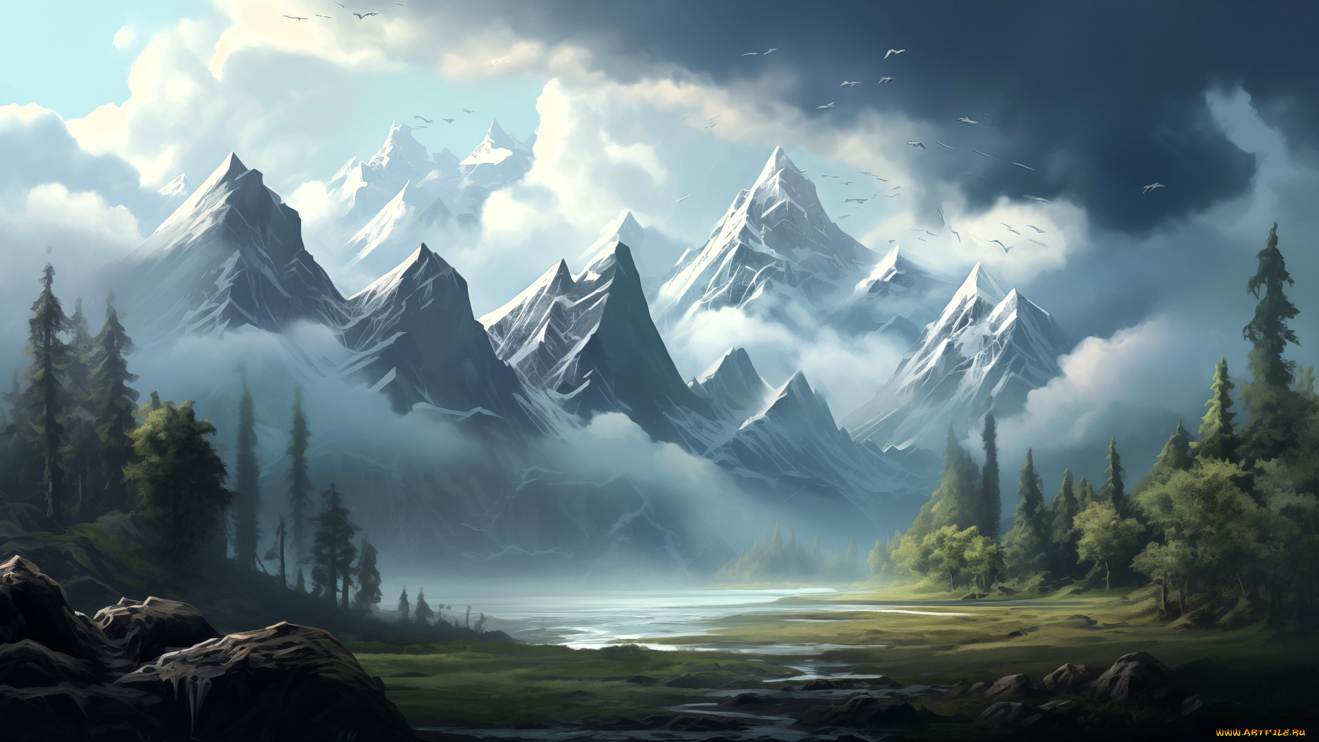 рисованное, природа, тучи, птицы, горы, лес, река, камни
