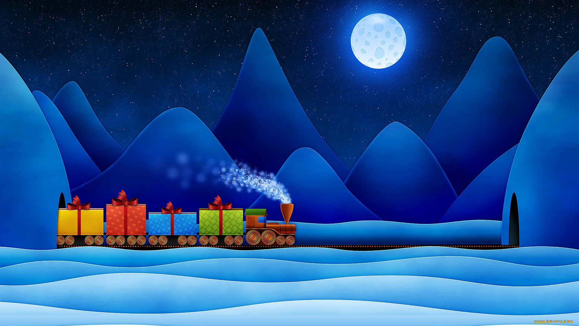 рисованное, vladstudio, горы, луна, снег, звезды, паровозик, подарки