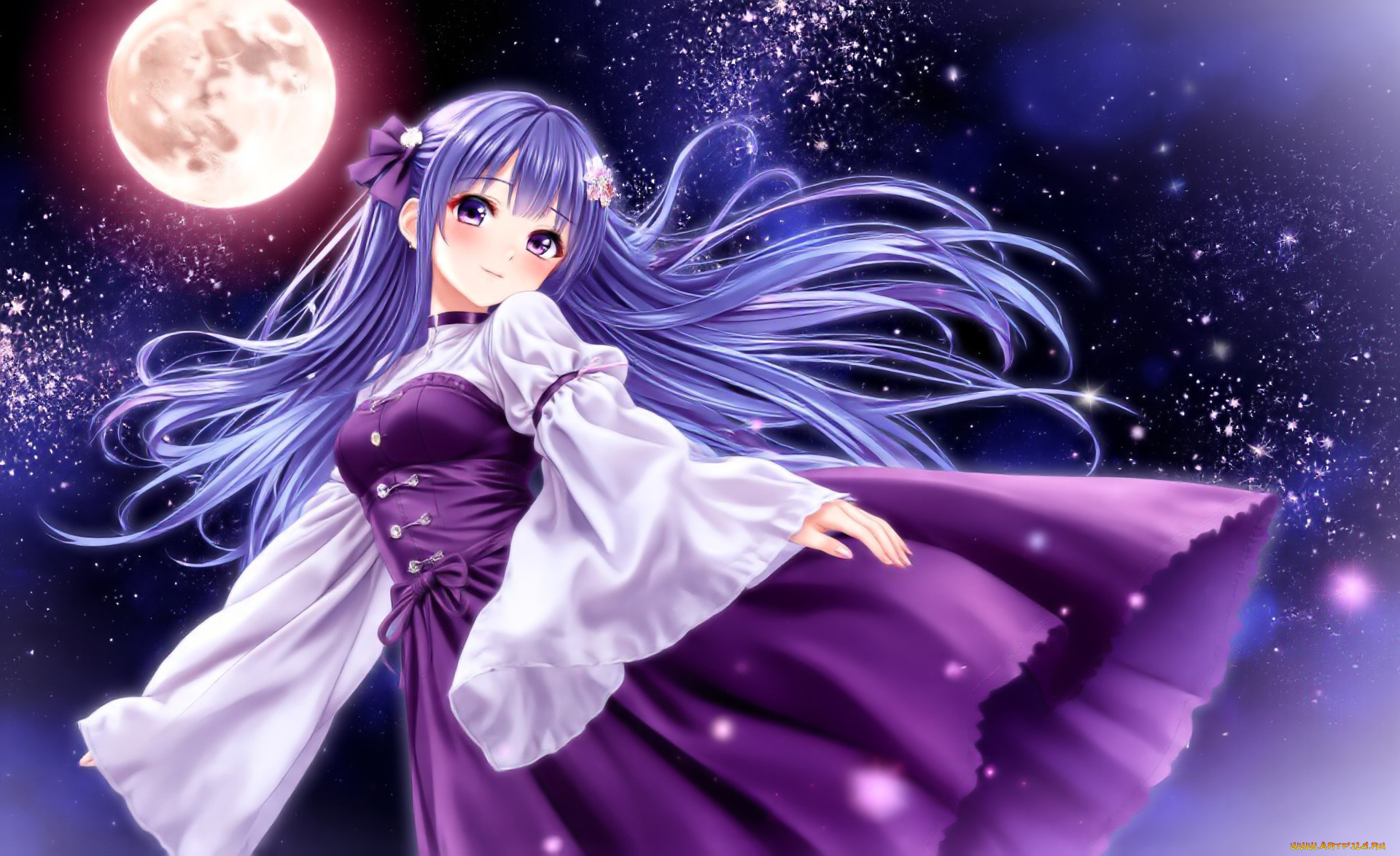 аниме, unknown, , другое, , девушка, платье, звезды, луна