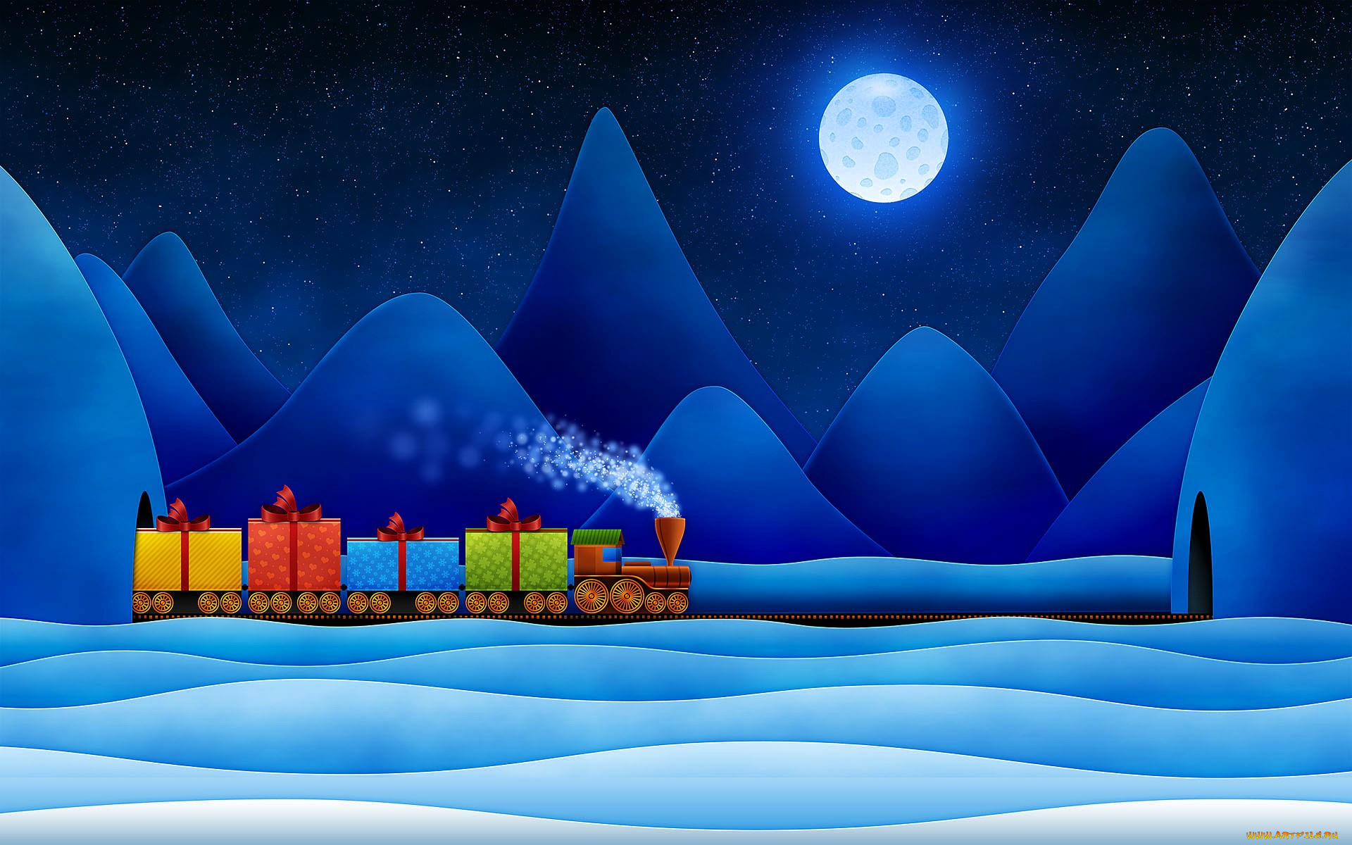рисованное, vladstudio, горы, луна, снег, звезды, паровозик, подарки