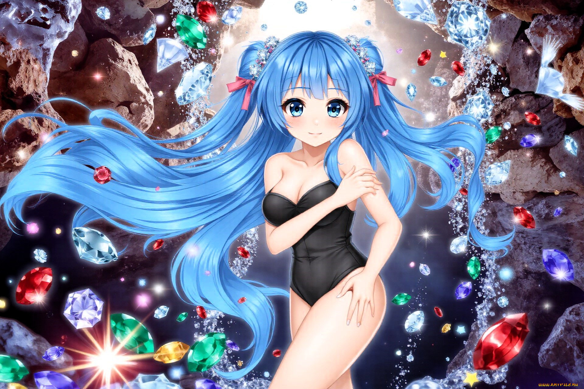 аниме, unknown, , другое, , девушка, голубые, волосы, купальник, драгоценности