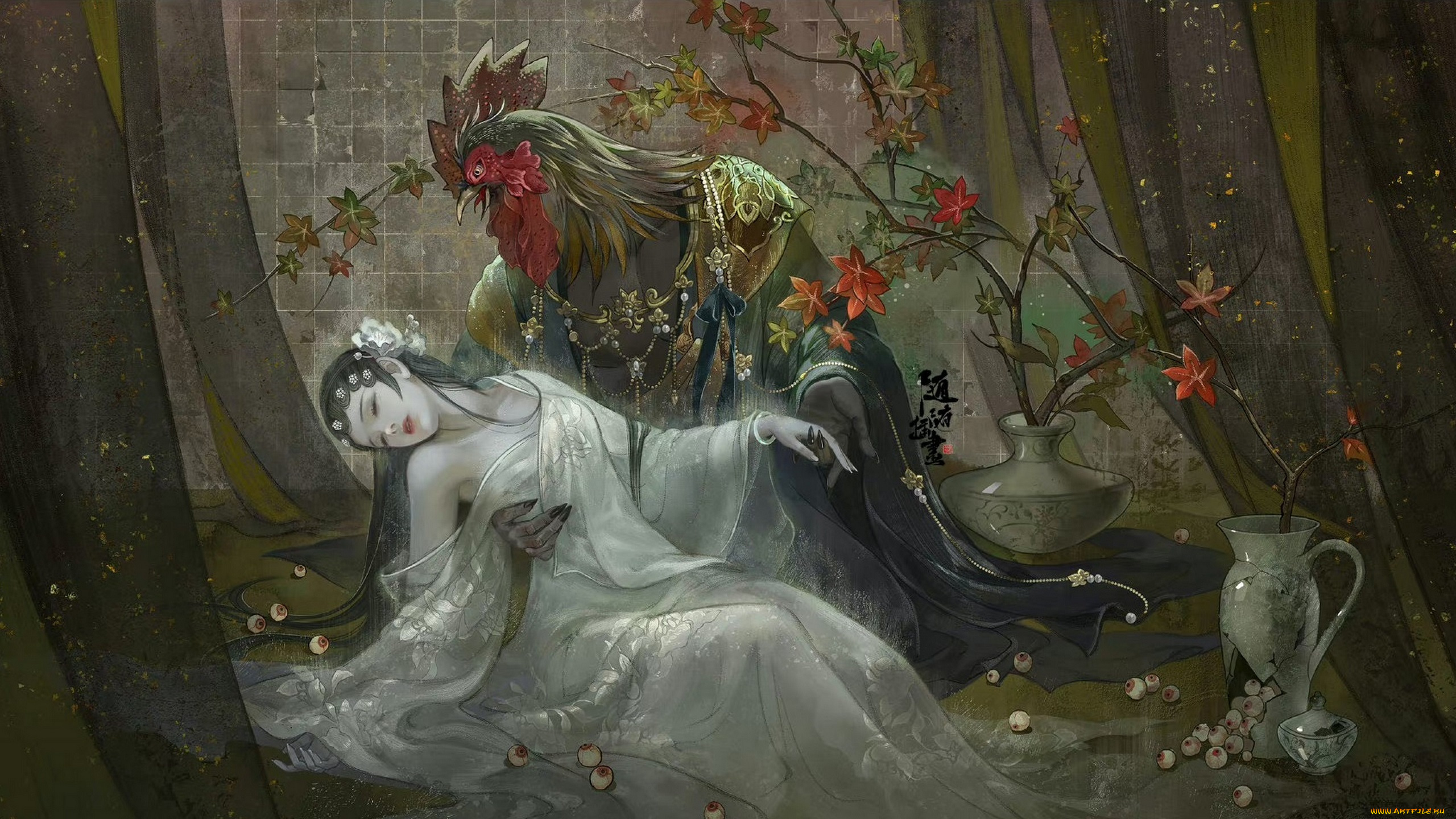 фэнтези, красавицы, и, чудовища, азия, китай, девушка, петух, смерть