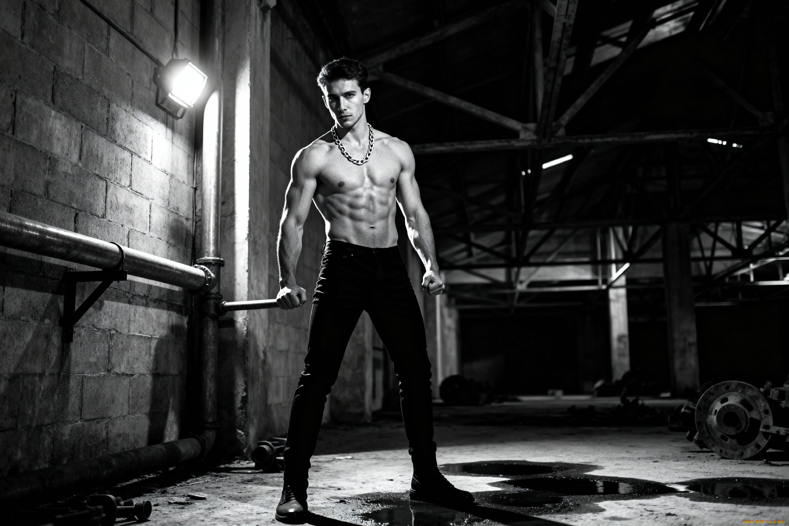 3д, графика, люди, , people, парень, торс, цепь, брюки, ботинки, помещение