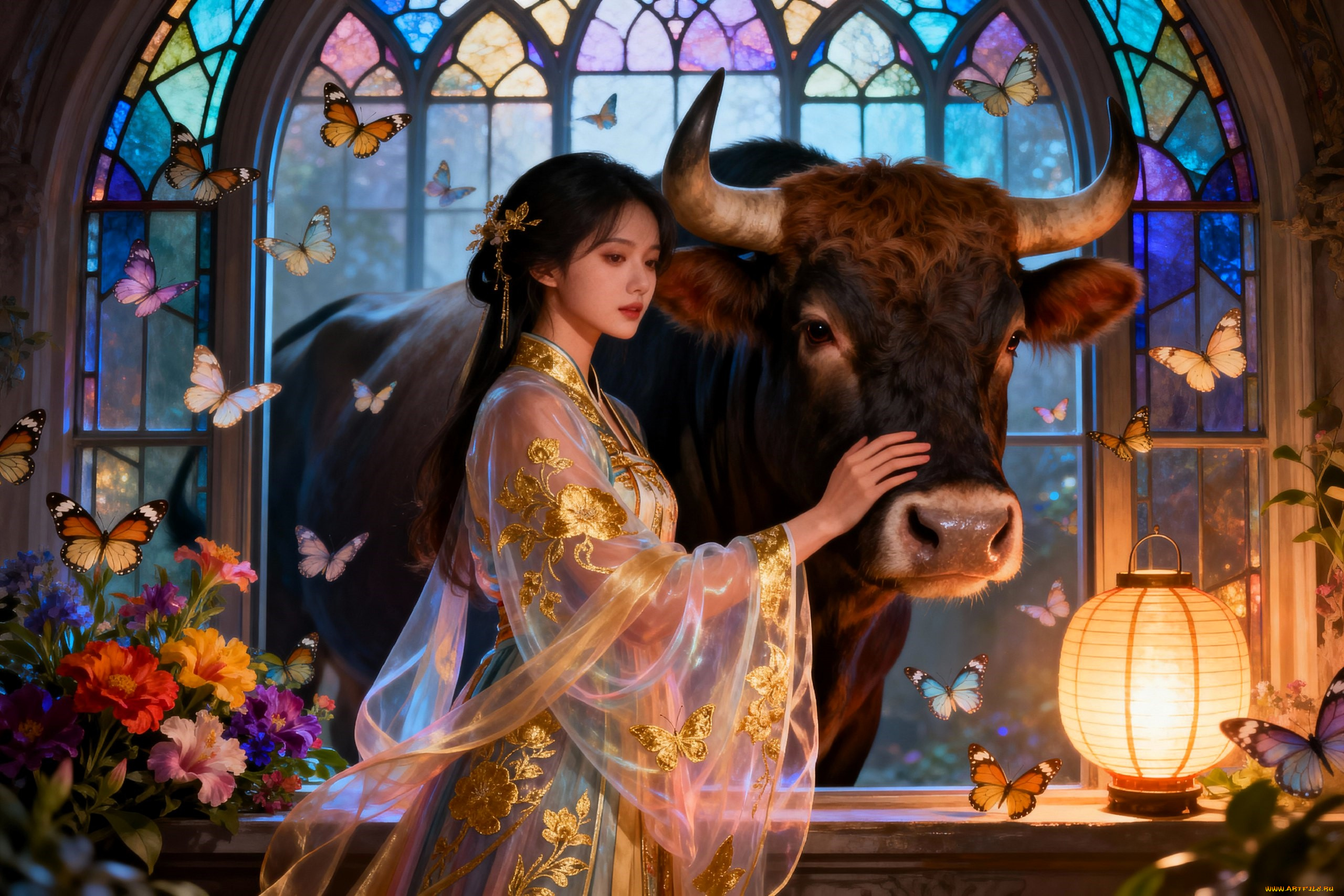 3д, графика, люди, и, животные, , people, and, animals, девушка, наряд, бык, окно, витражи, бабочки, цветы