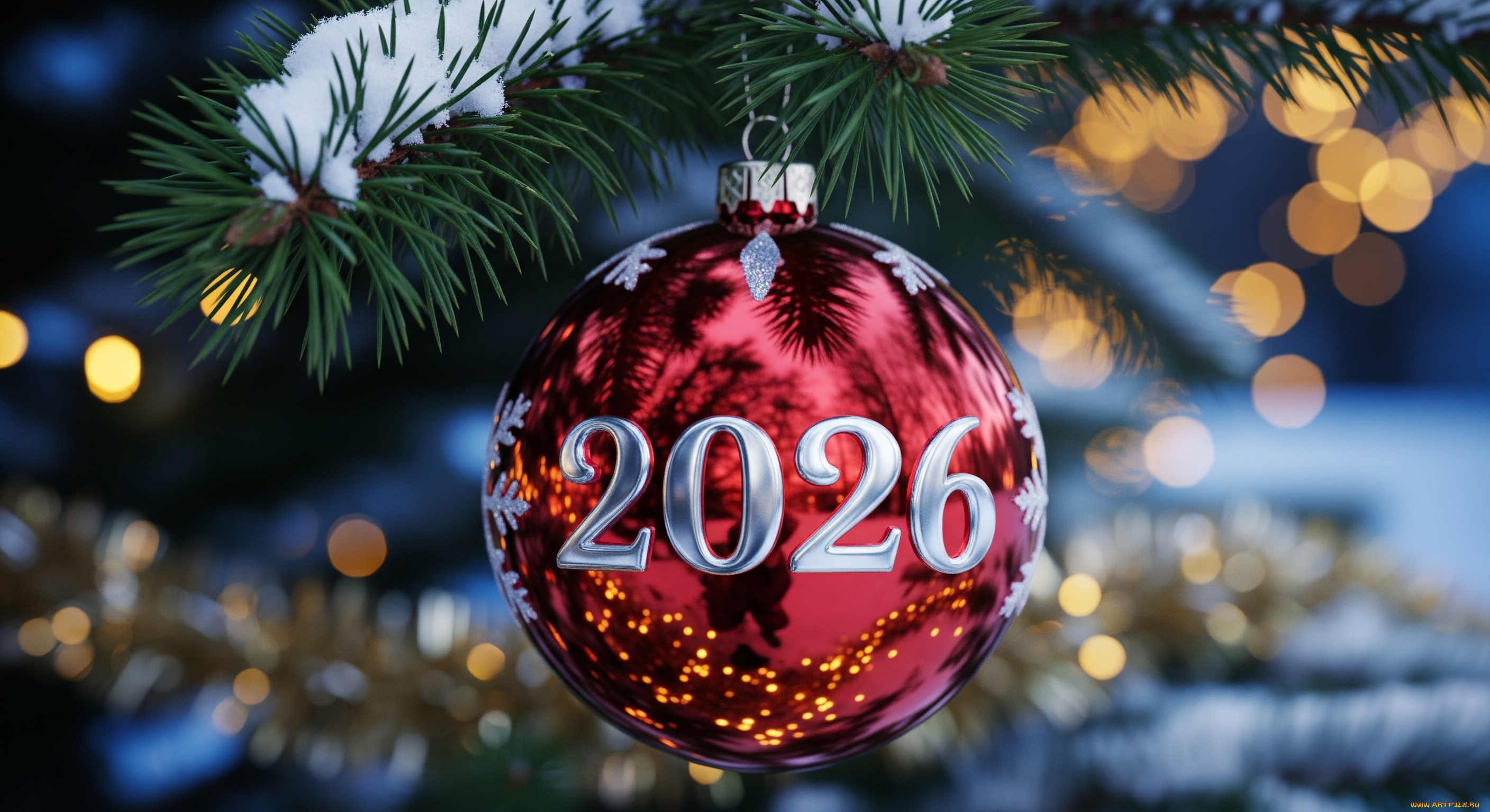 праздник, праздничные, шары, зима, снег, арт, игрушка, на, елке, 2026, новый, год