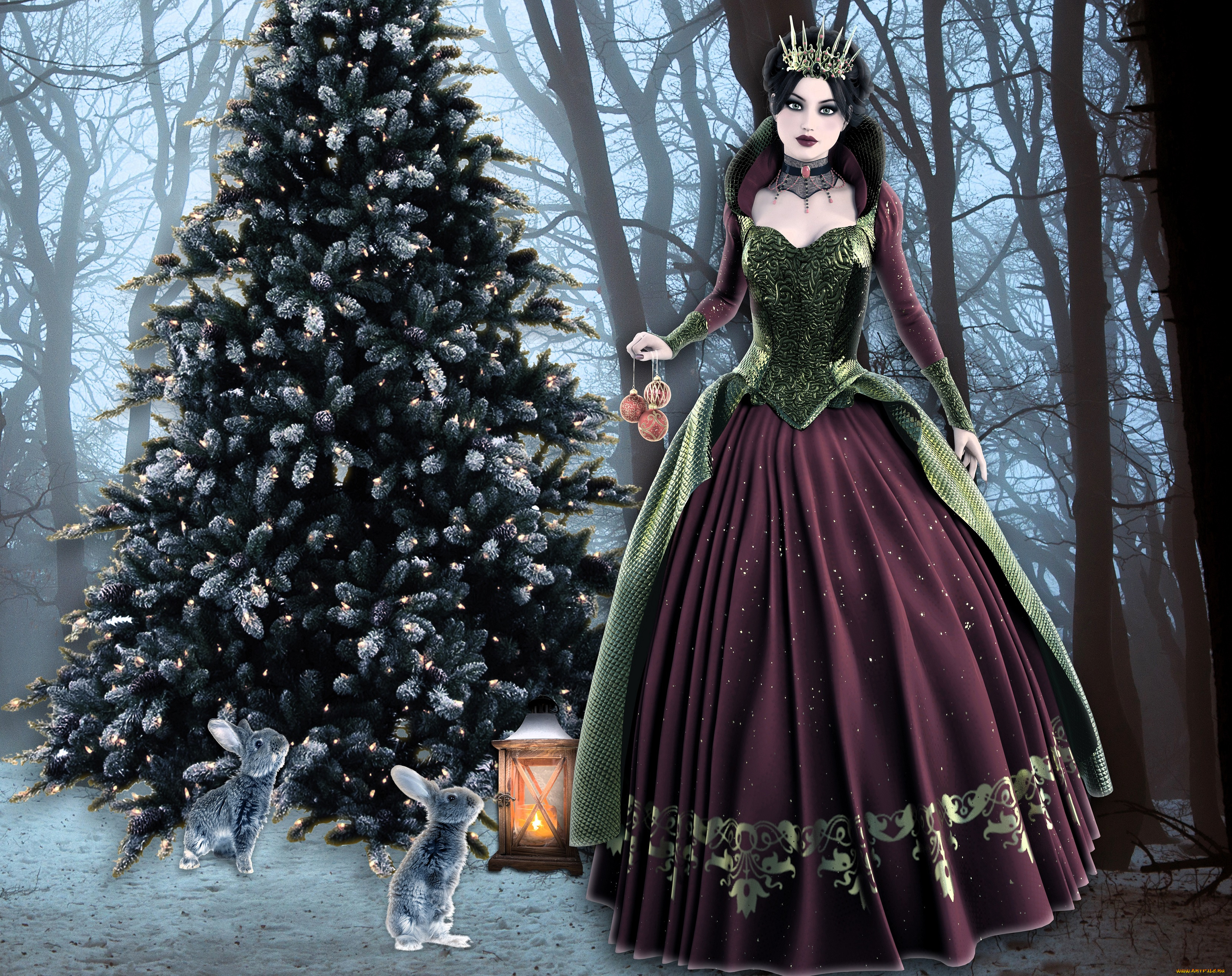 3д, графика, люди, , people, ёлка, лес, зайцы, фонарь, принцесса