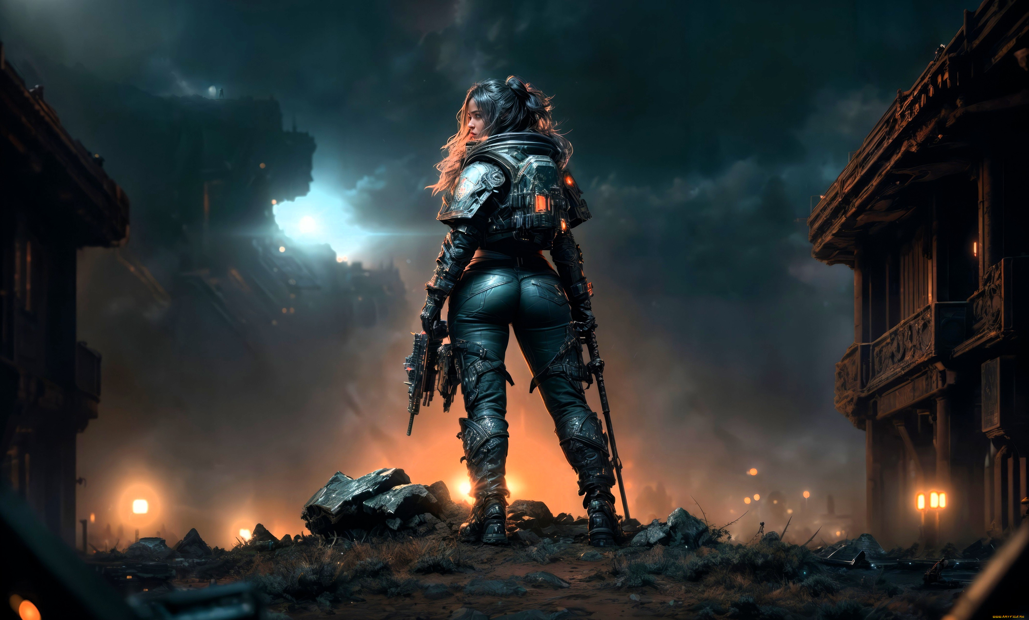 3д, графика, фантазия, , fantasy, девушка, оружие, развалины, тучи