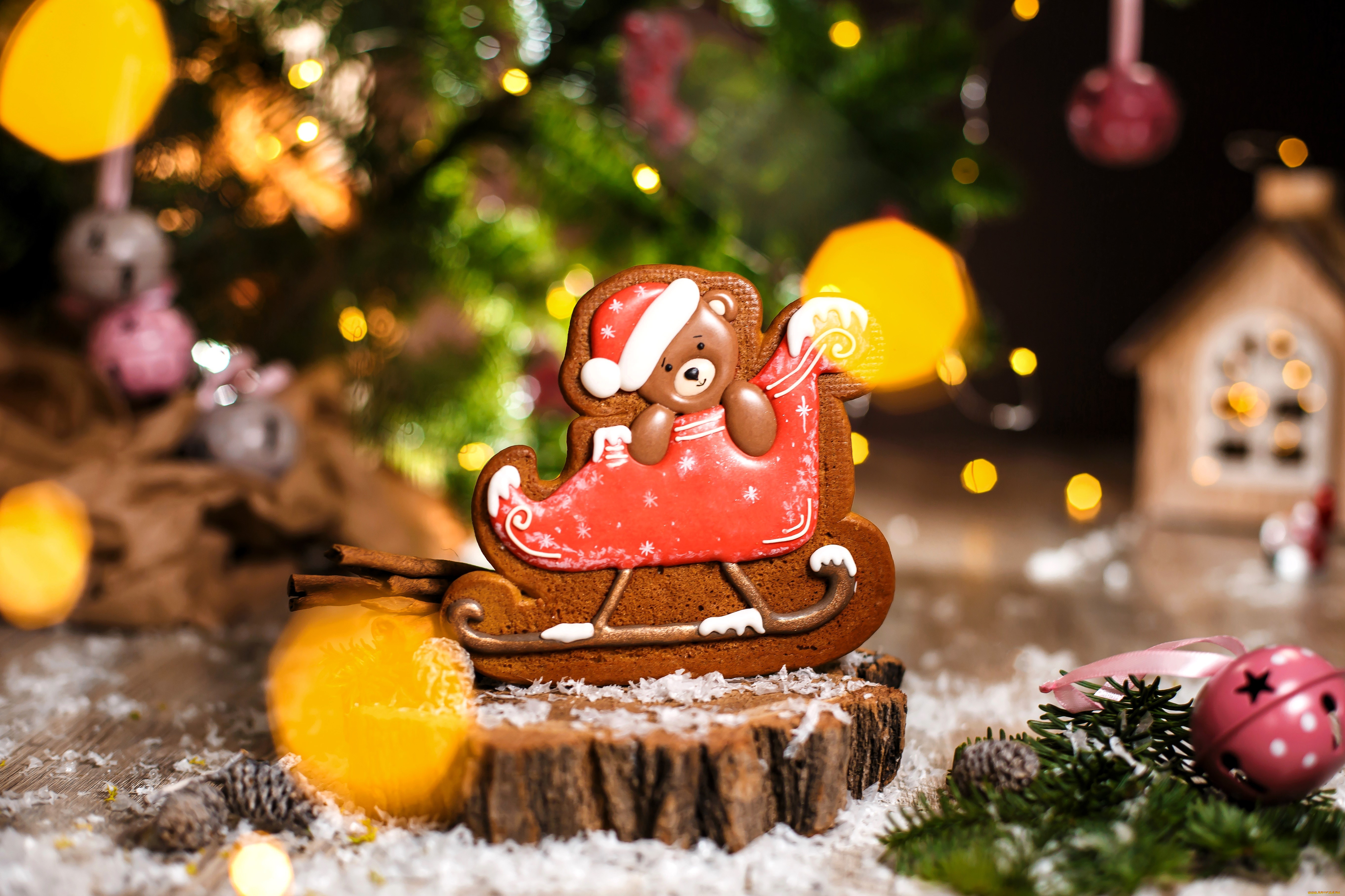 праздничные, угощения, ёлка, блики, печенье, пень