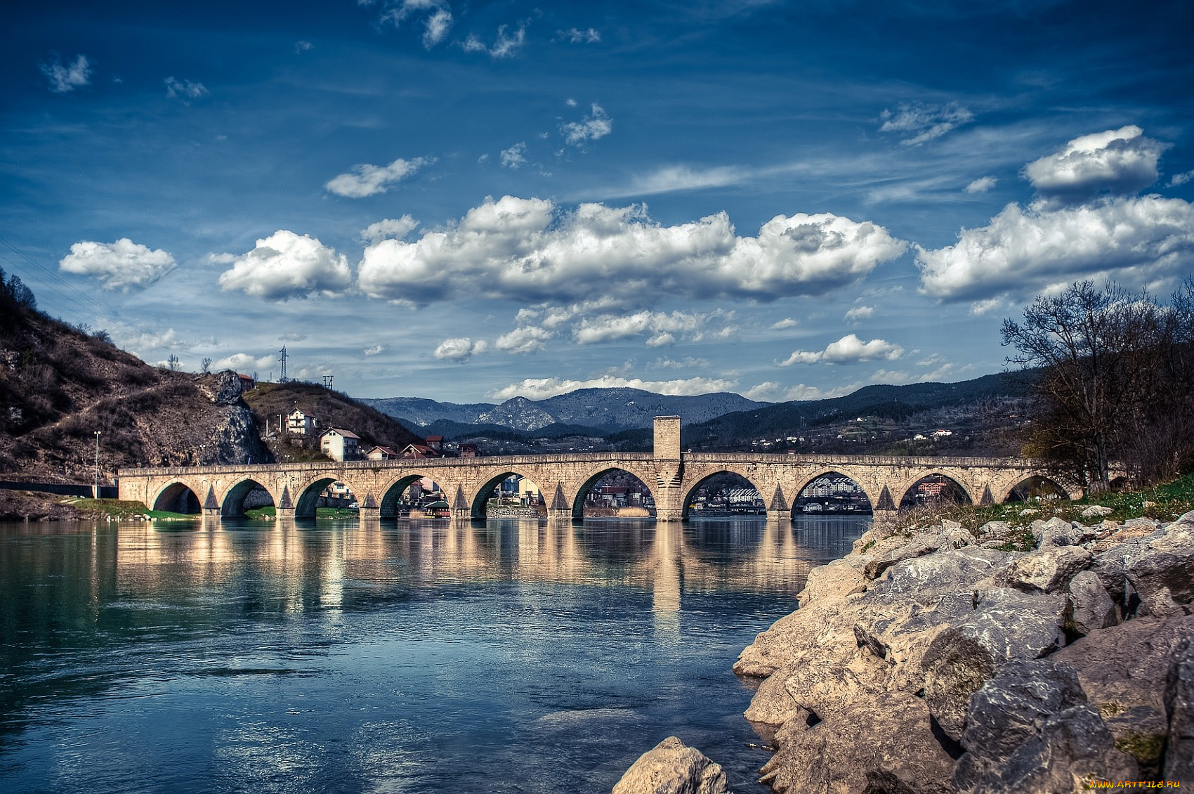 города, мосты, облака, река, вода, отражение, каменный, небо