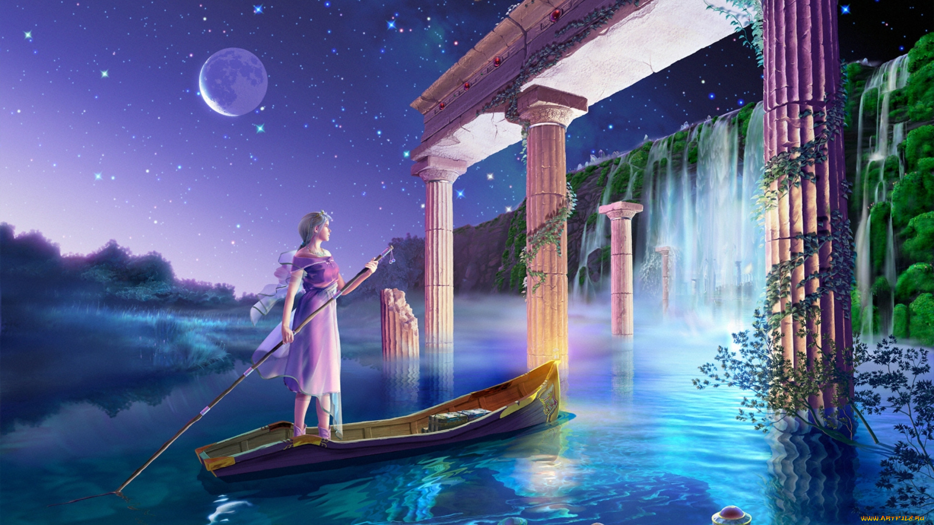 фэнтези, kagaya, водопад, лодка, девушка