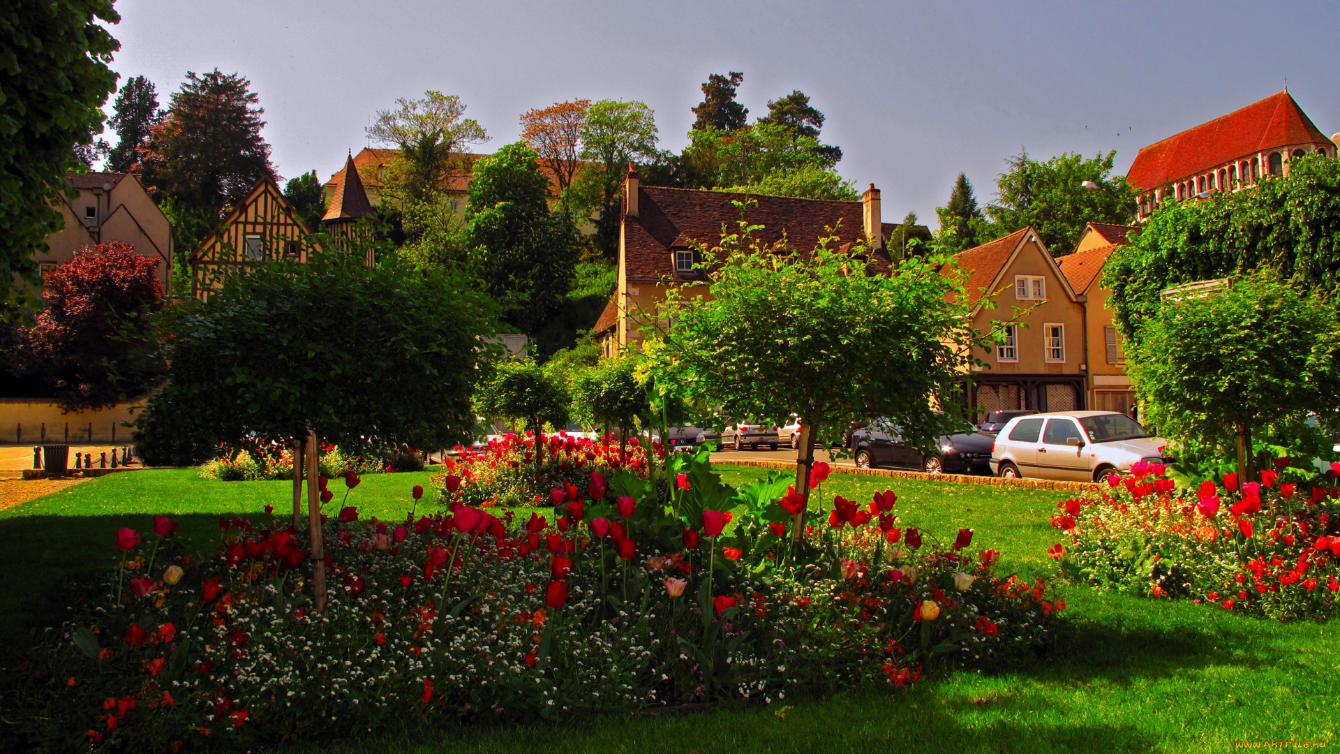 города, здания, дома, цветы, автомобили