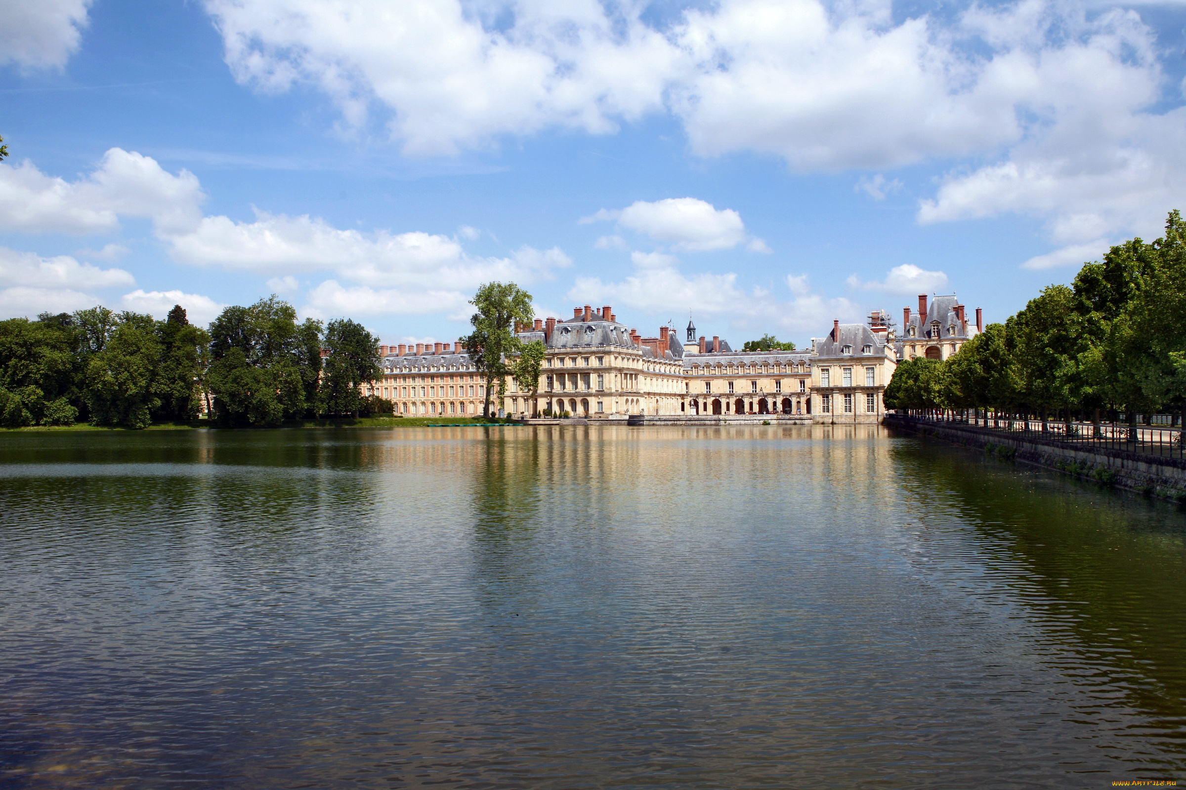 castle, fontainebleau, france, города, дворцы, замки, крепости, река, деревья, замок
