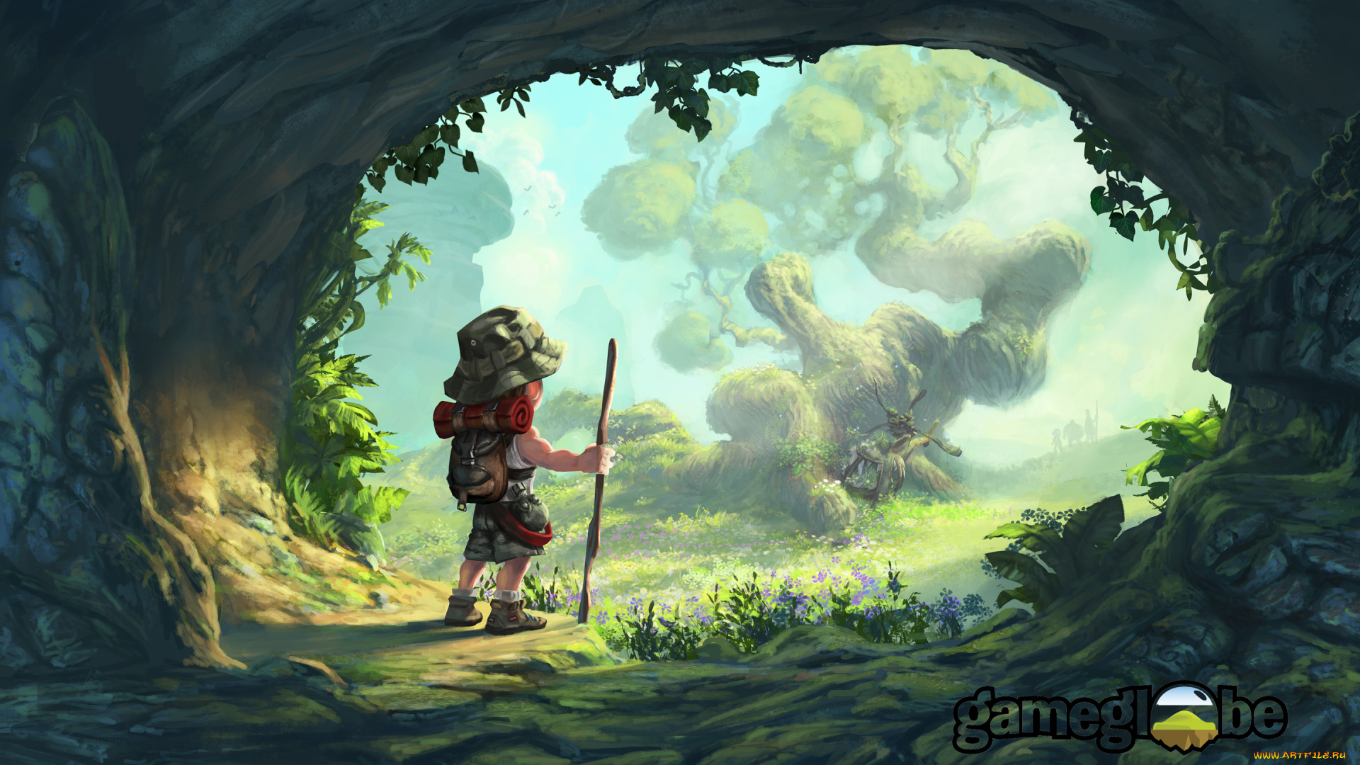 gameglobe, видео, игры, трава, посох, шляпа, пещера, путешествие, листья