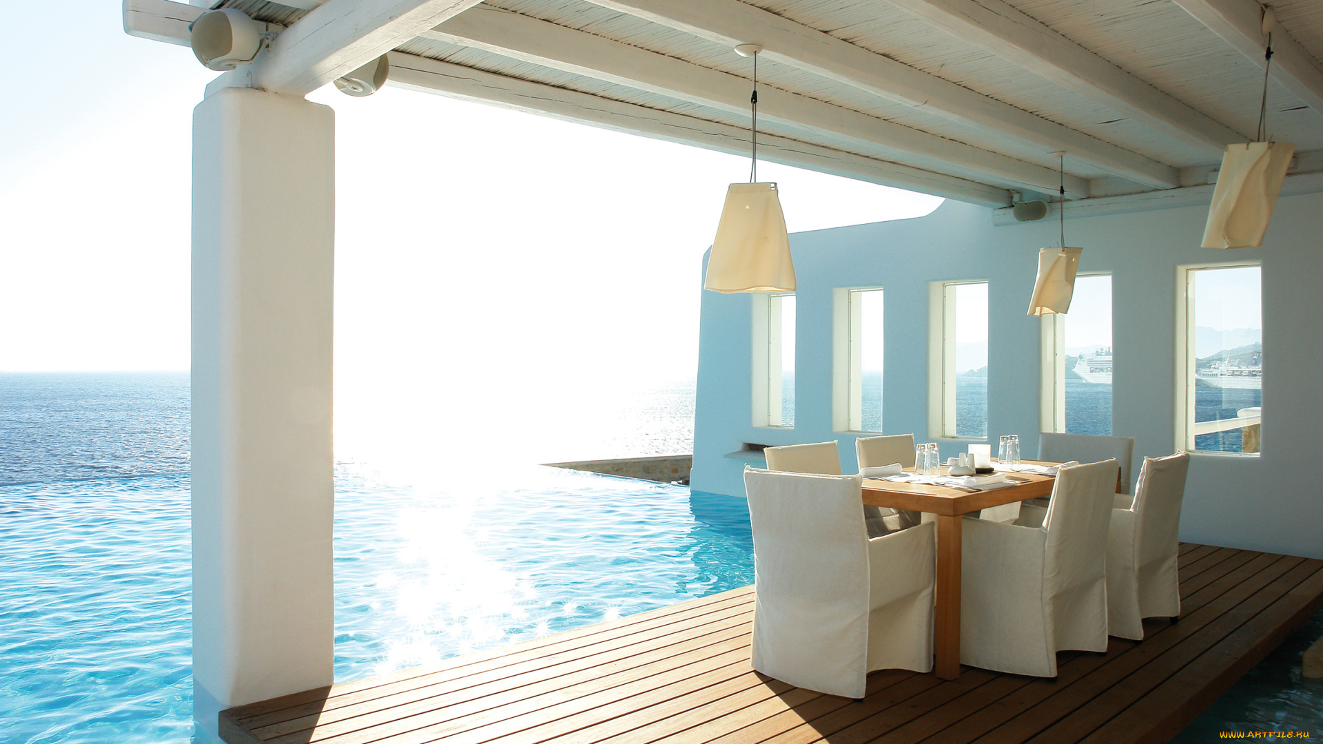 интерьер, веранды, террасы, балконы, море, стол, терраса