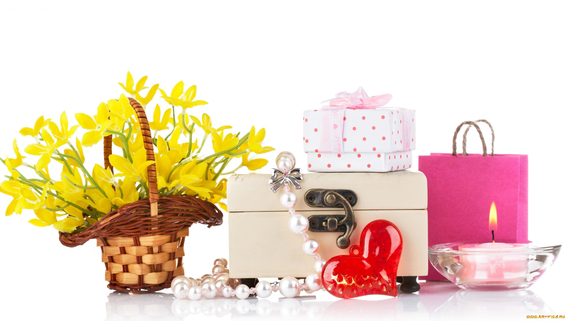 праздничные, день, св, валентина, сердечки, любовь, свеча, сердечко, корзинка, цветы, подарки