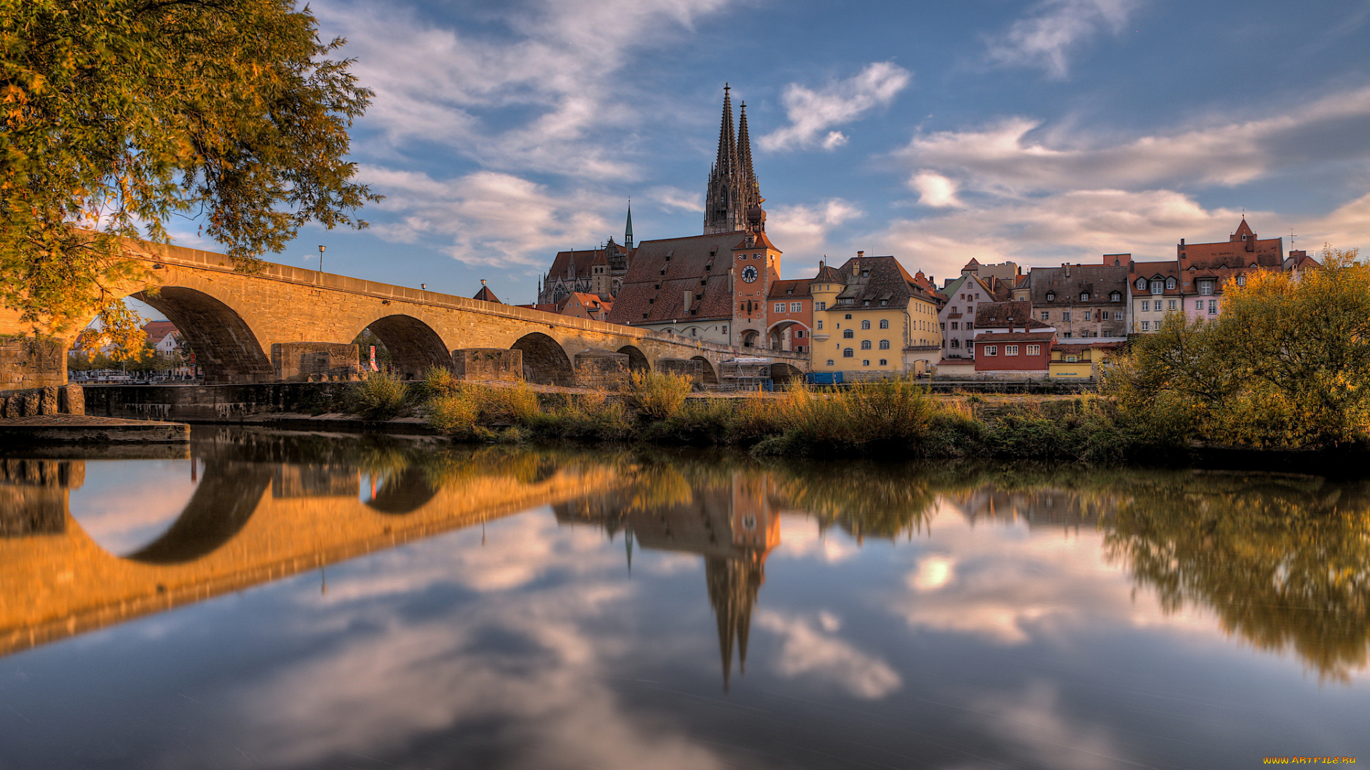 regensburg, bavaria, germany, города, регенсбург, германия, мост, река, отражение, бавария
