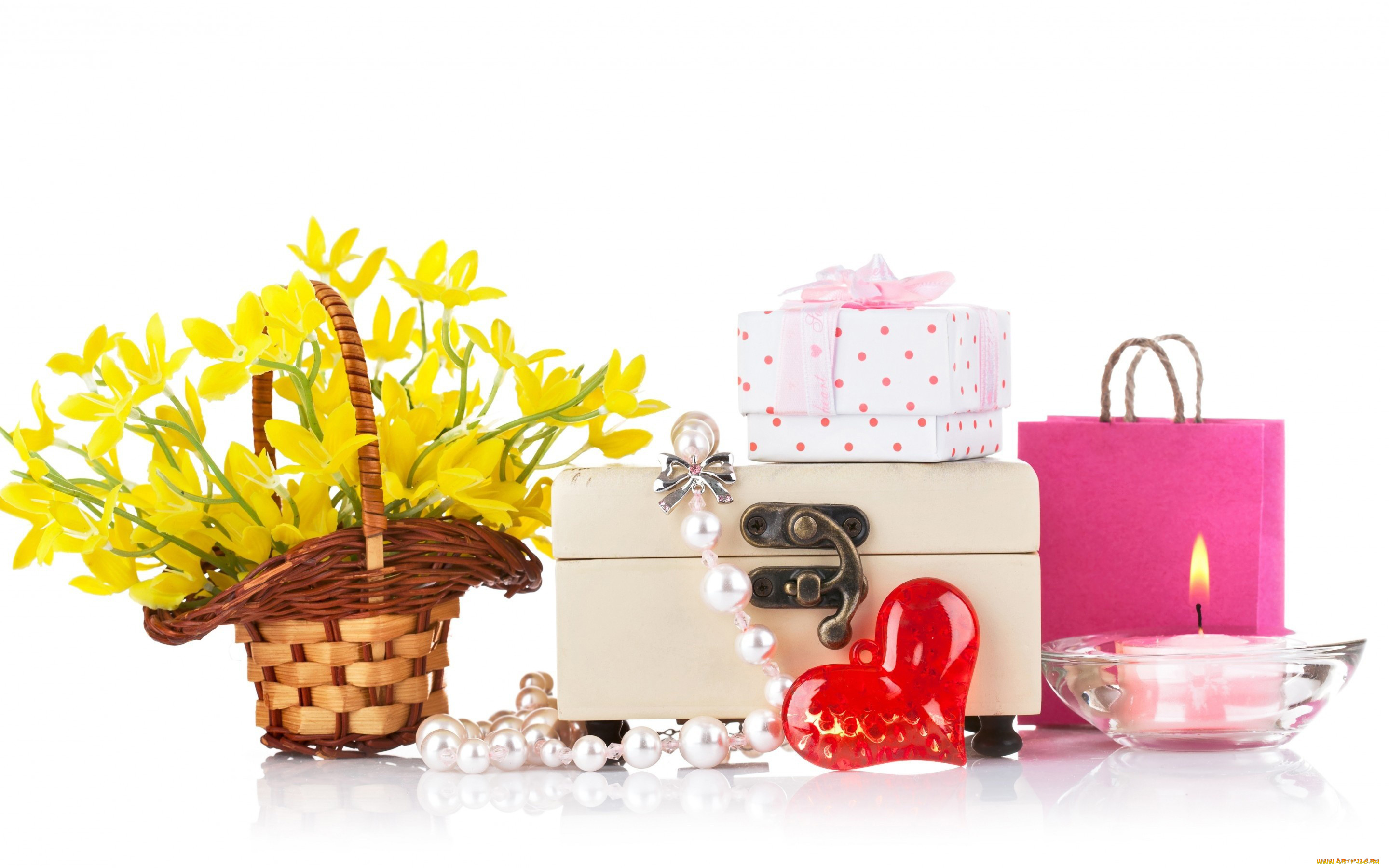 праздничные, день, св, валентина, сердечки, любовь, свеча, сердечко, корзинка, цветы, подарки