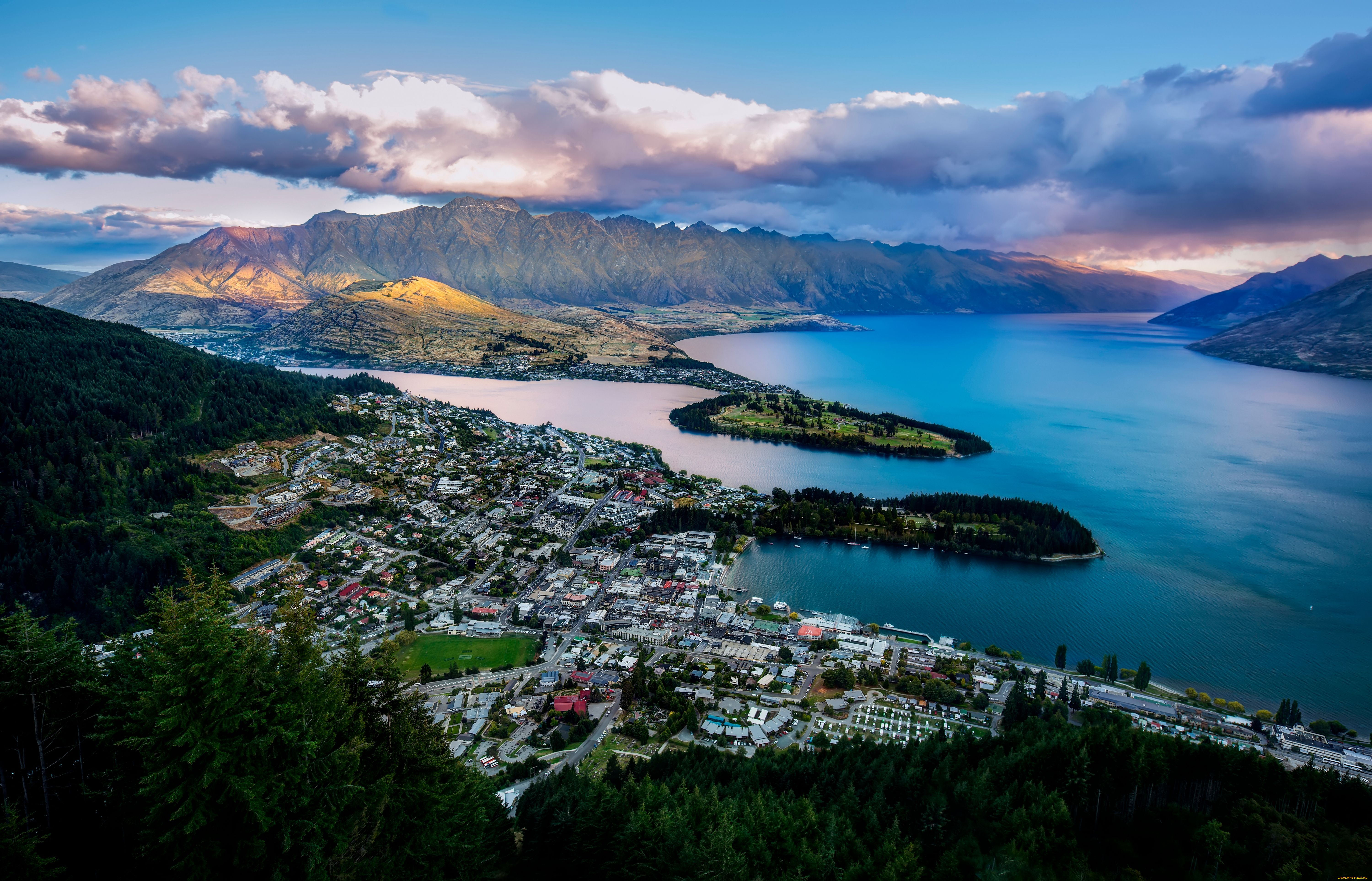 queenstown, new, zealand, города, панорамы, горы, куинстаун, новая, зеландия, озеро, уакатипу, бухта