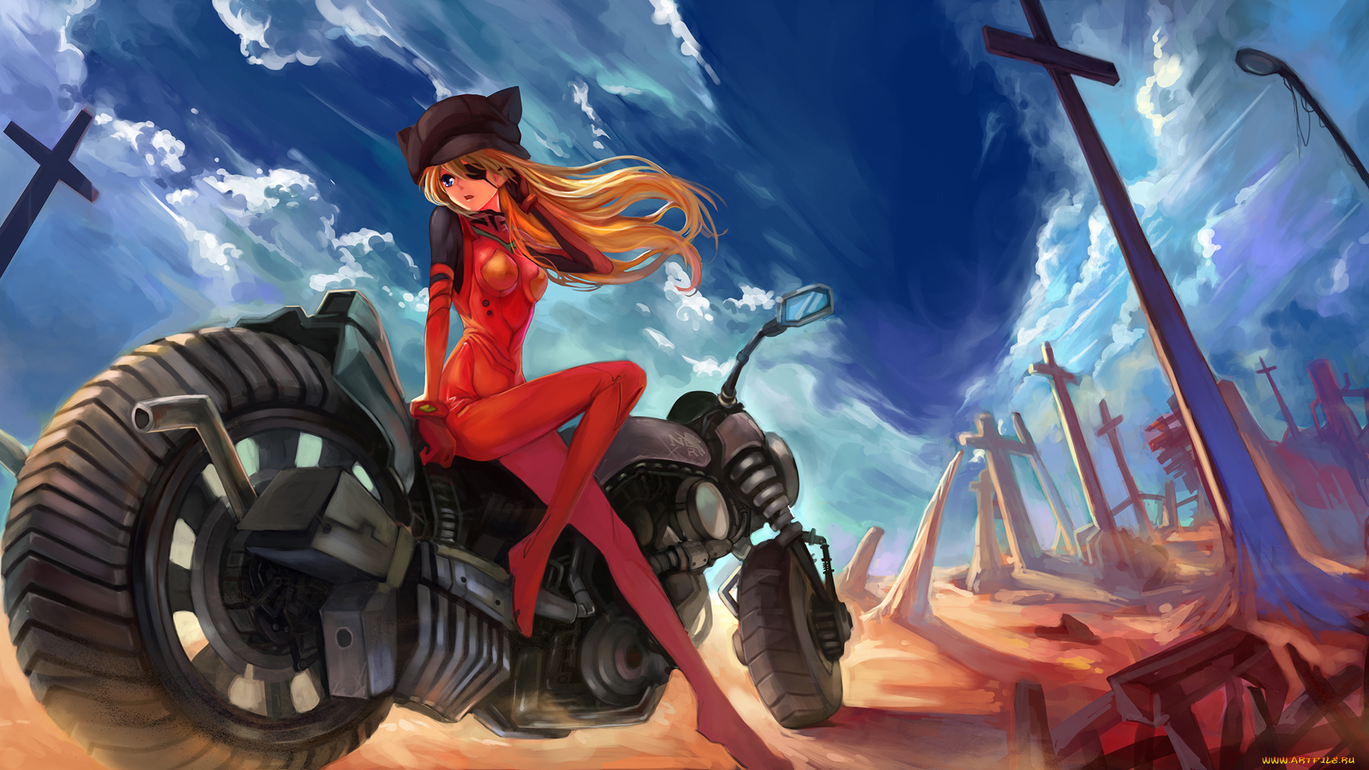 by, summercards, аниме, evangelion, девушка, повязка, облака, кресты, soryu, asuka, langley, небо, пустыня, костюм, шапка, мотоцикл