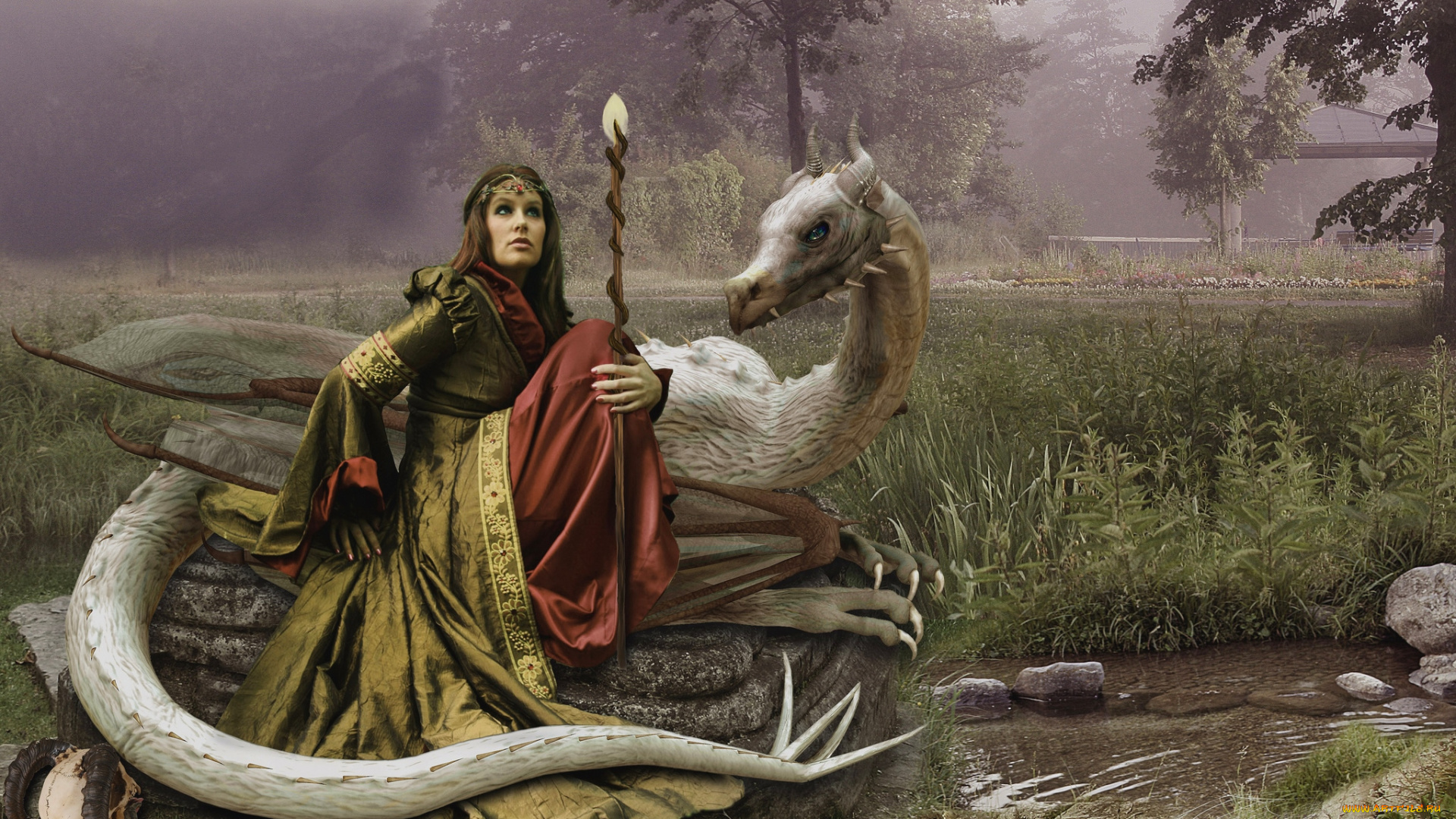 фэнтези, красавицы, и, чудовища, девушка, дракон, меч