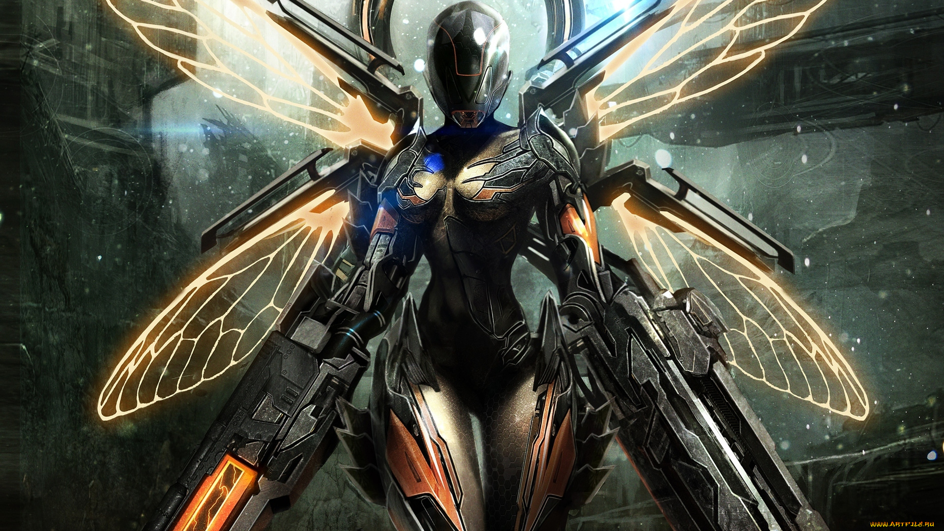 фэнтези, роботы, , киборги, , механизмы, руины, пушки, доспехи, фея, девушка, блики