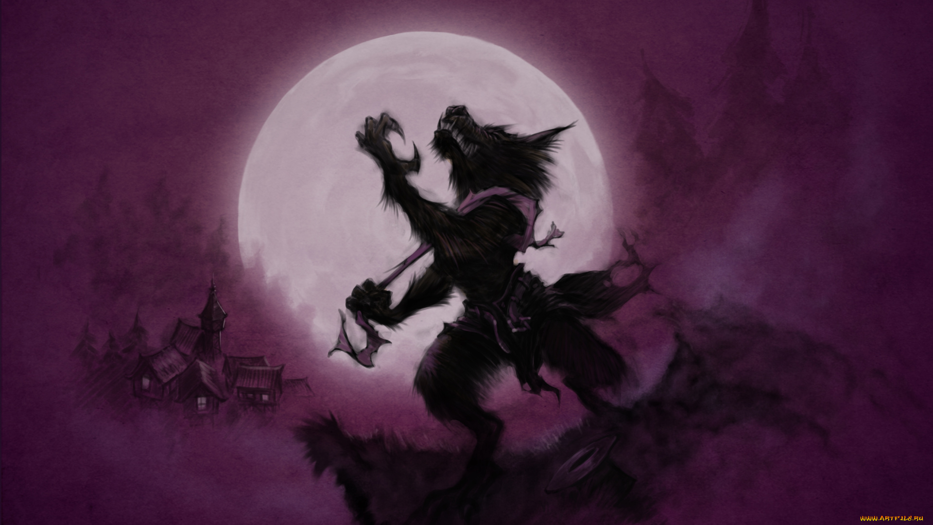 фэнтези, существа, волк, утес, луна, городок, оборотень, полная