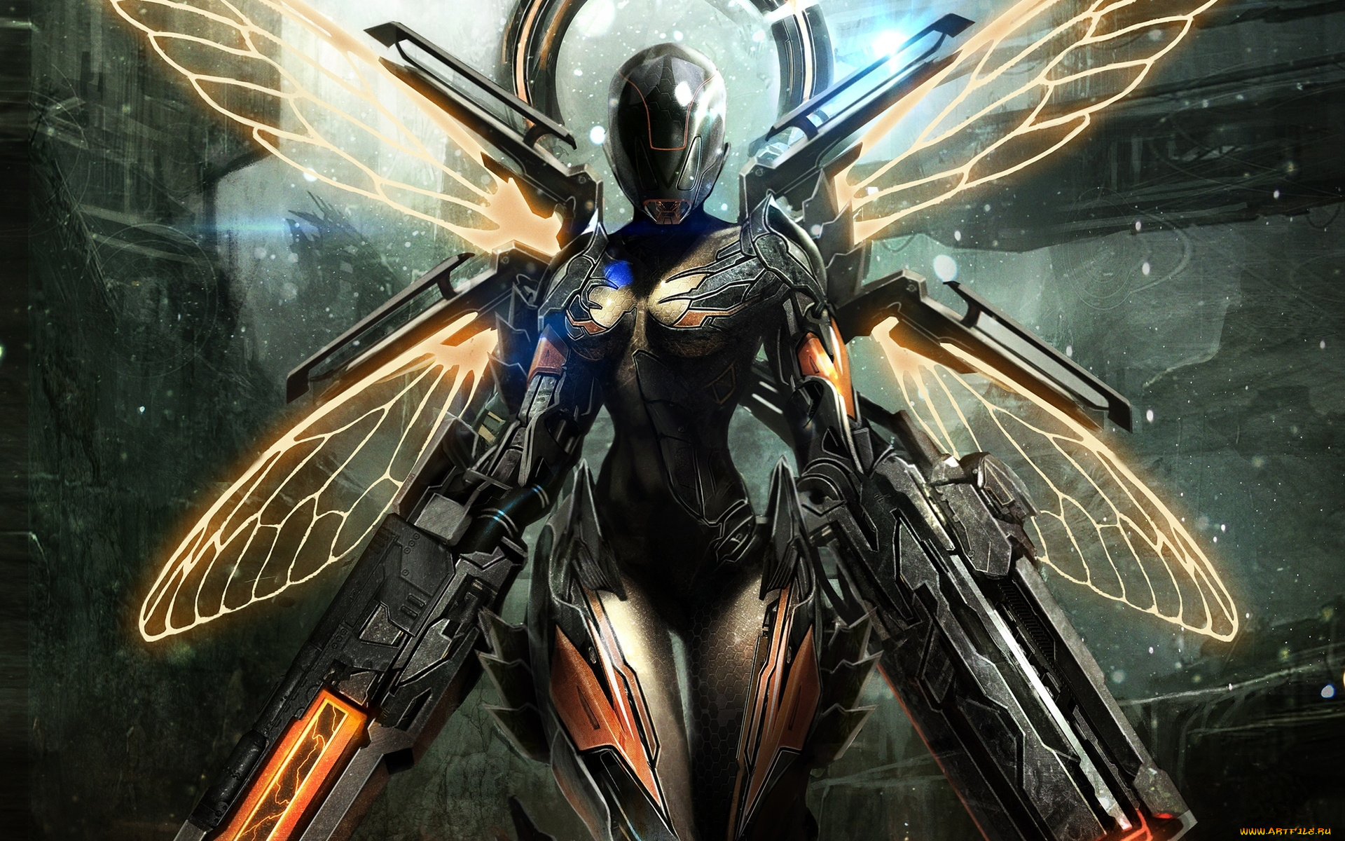 фэнтези, роботы, , киборги, , механизмы, руины, пушки, доспехи, фея, девушка, блики