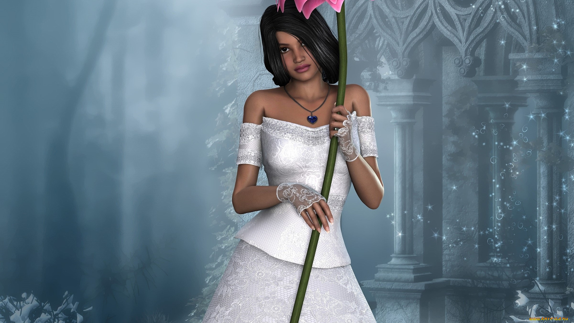 3д, графика, люди, , people, цветок, платье, фон, взгляд, девушка