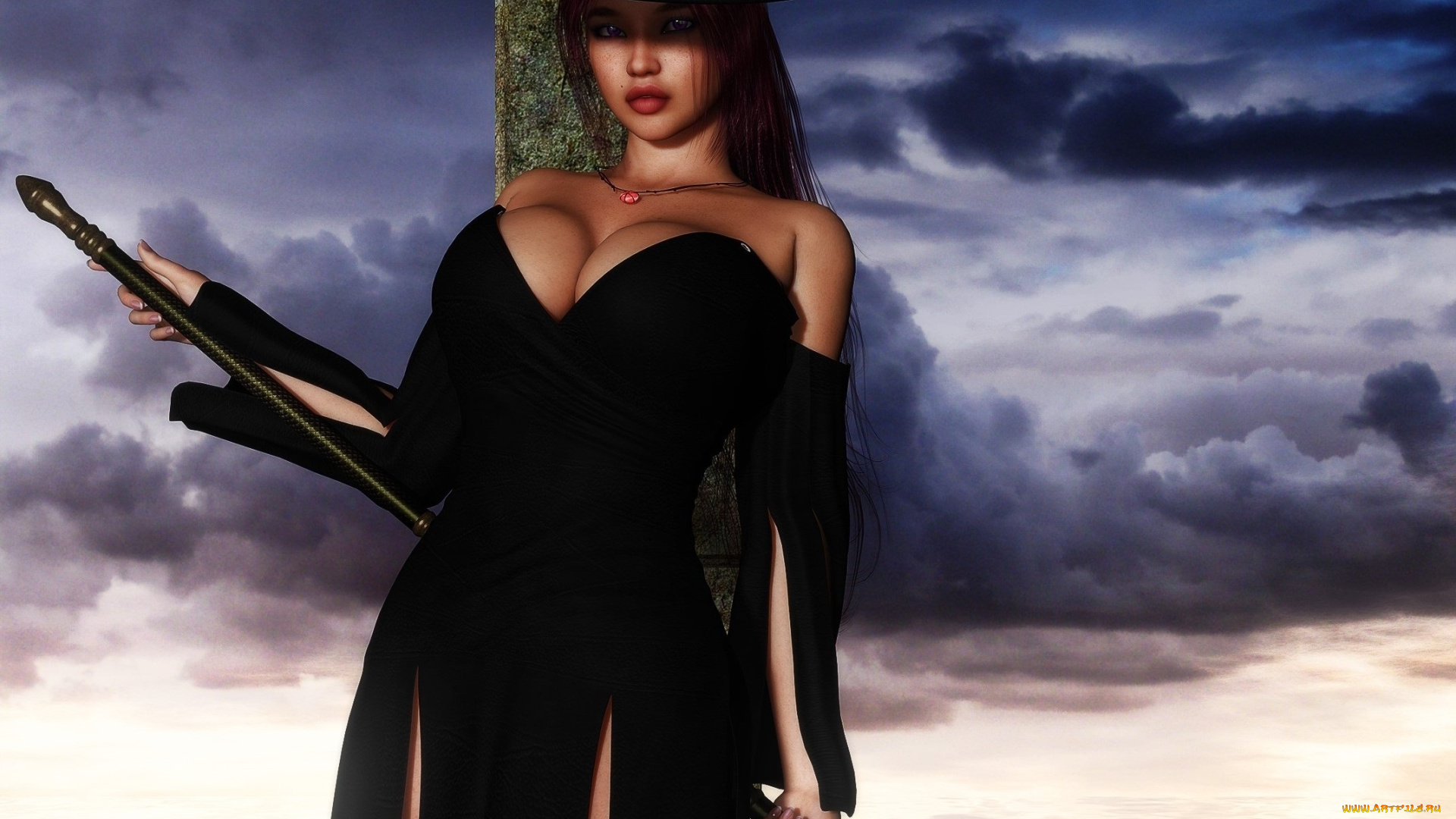 3д, графика, люди, , people, шляпа, девушка, взгляд, фон, шест