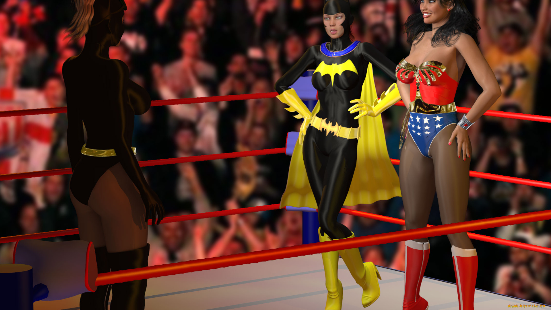 3д, графика, люди, , people, взгляд, супермены, фон, девушки, ринг