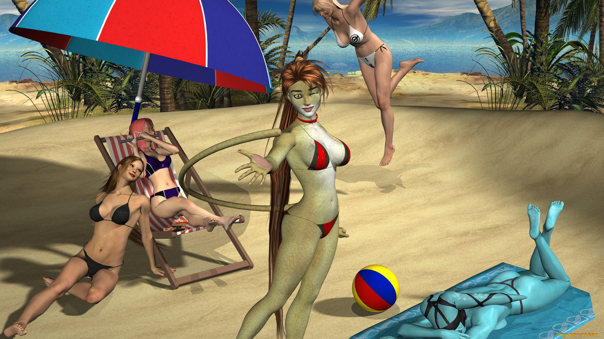 3д, графика, люди, , people, зонтик, халки, шезлонг, пляж, фон, взгляд, девушки
