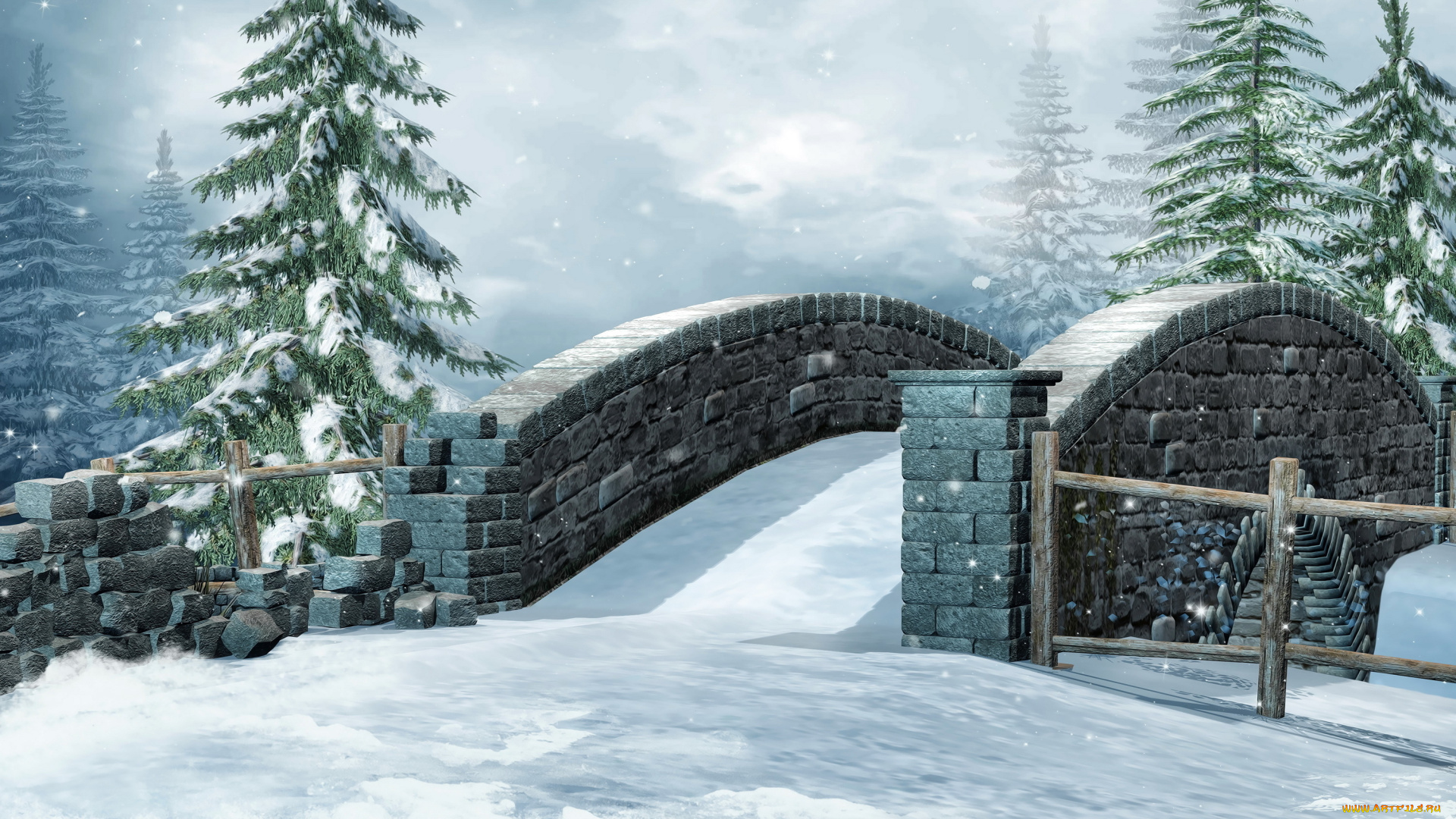 3д, графика, природа, , nature, мостик, ели, снег
