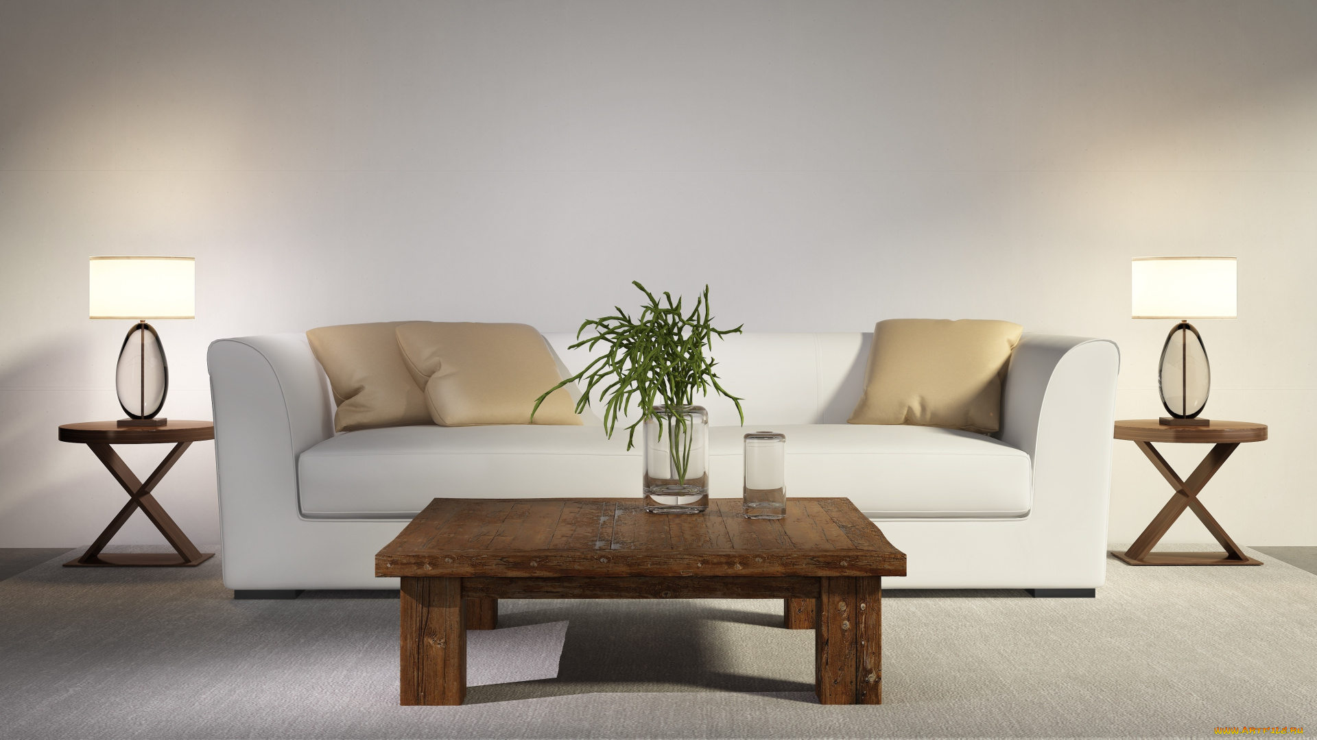 3д, графика, реализм, , realism, светильники, стол, диван, ваза